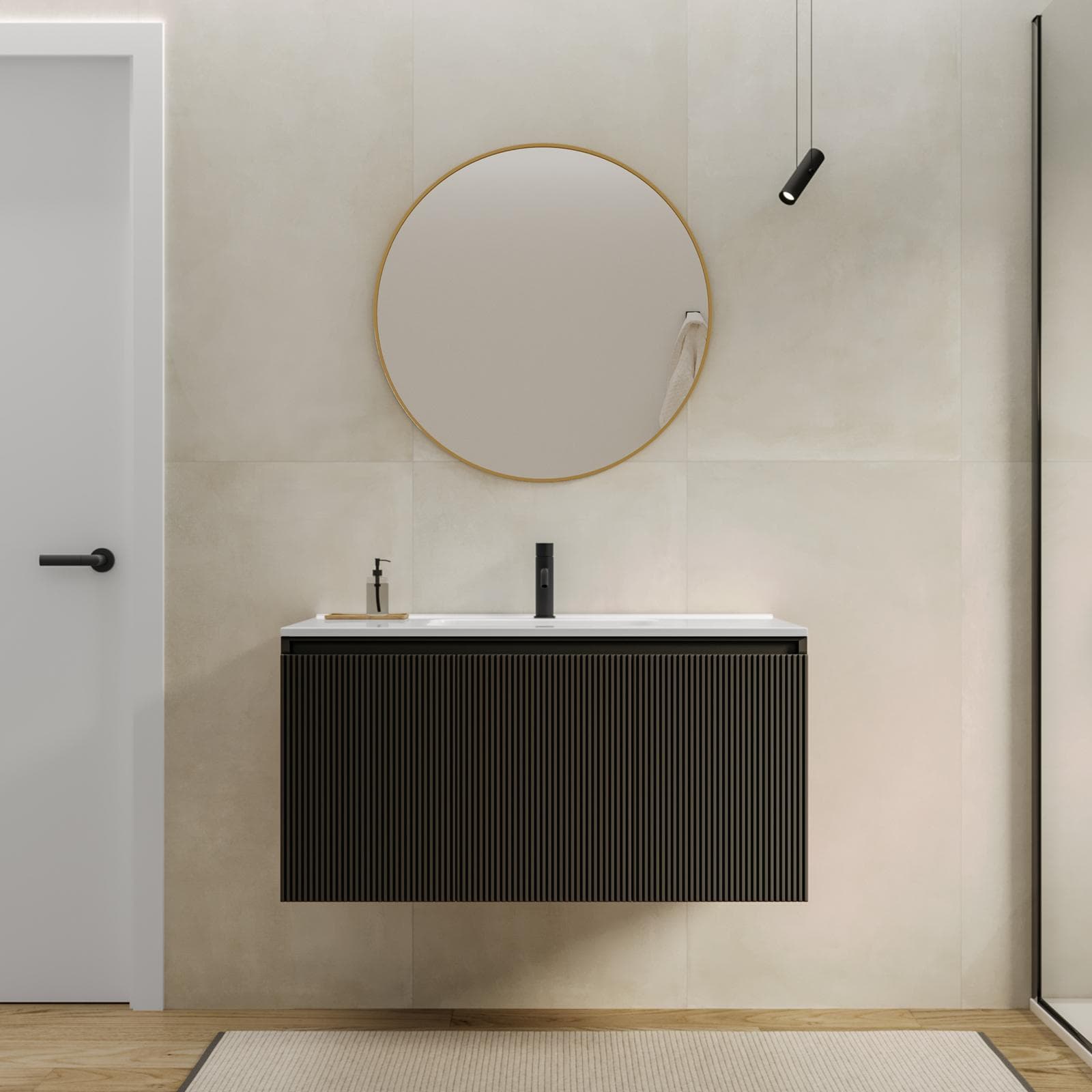 Mobile bagno sospeso con ante 100 cm cioccolato cannettato con lavabo e specchio - Nerk