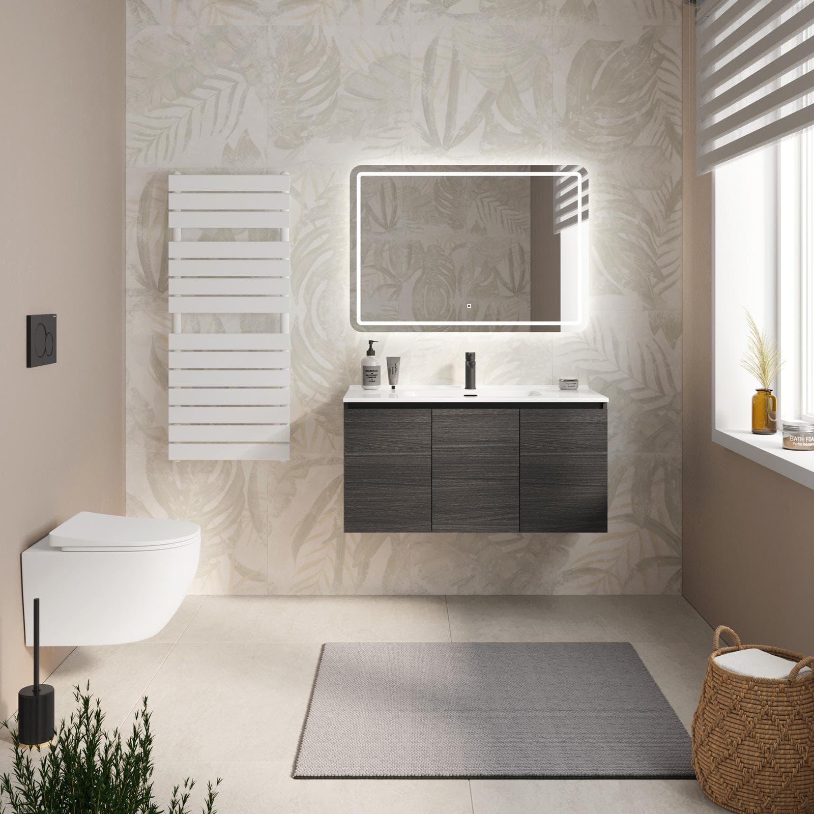 Mobile bagno sospeso con ante 100 cm rovere grigio con lavabo e specchio - Cuki