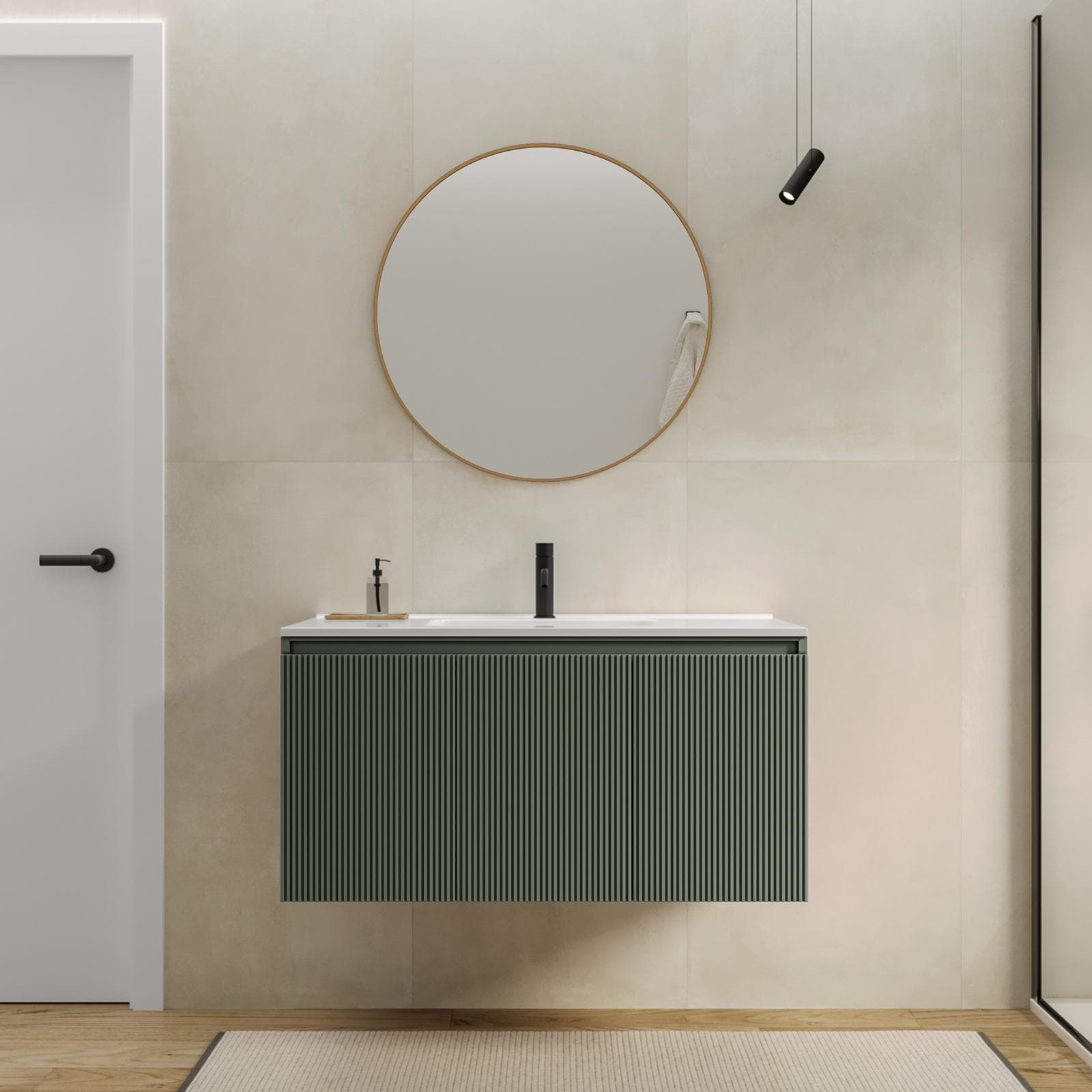 Mobile bagno sospeso con ante 100 cm verde cemento cannettato con lavabo e specchio - Nerk