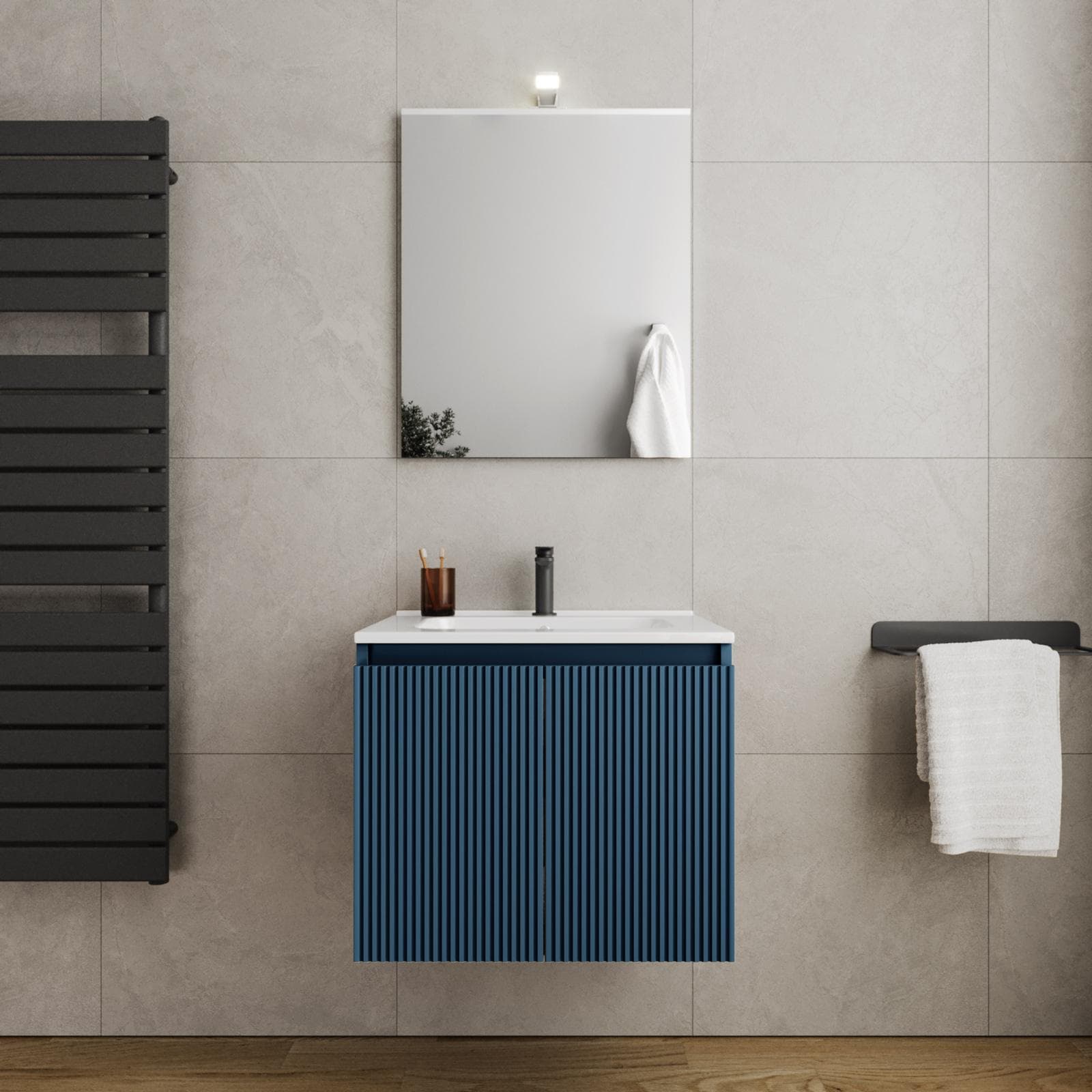 Mobile bagno sospeso con ante 60 cm blu oceano cannettato con lavabo e specchio - Nerk