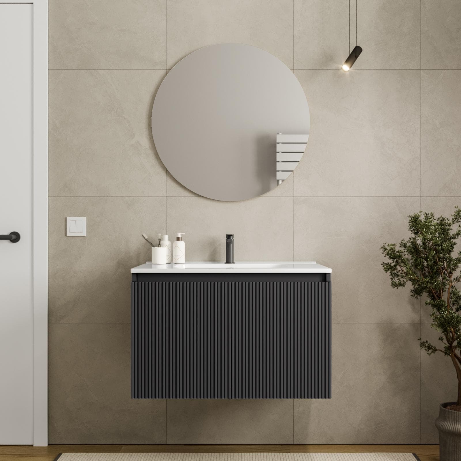 Mobile bagno sospeso con ante 80 cm antracite cannettato con lavabo e specchio - Nerk
