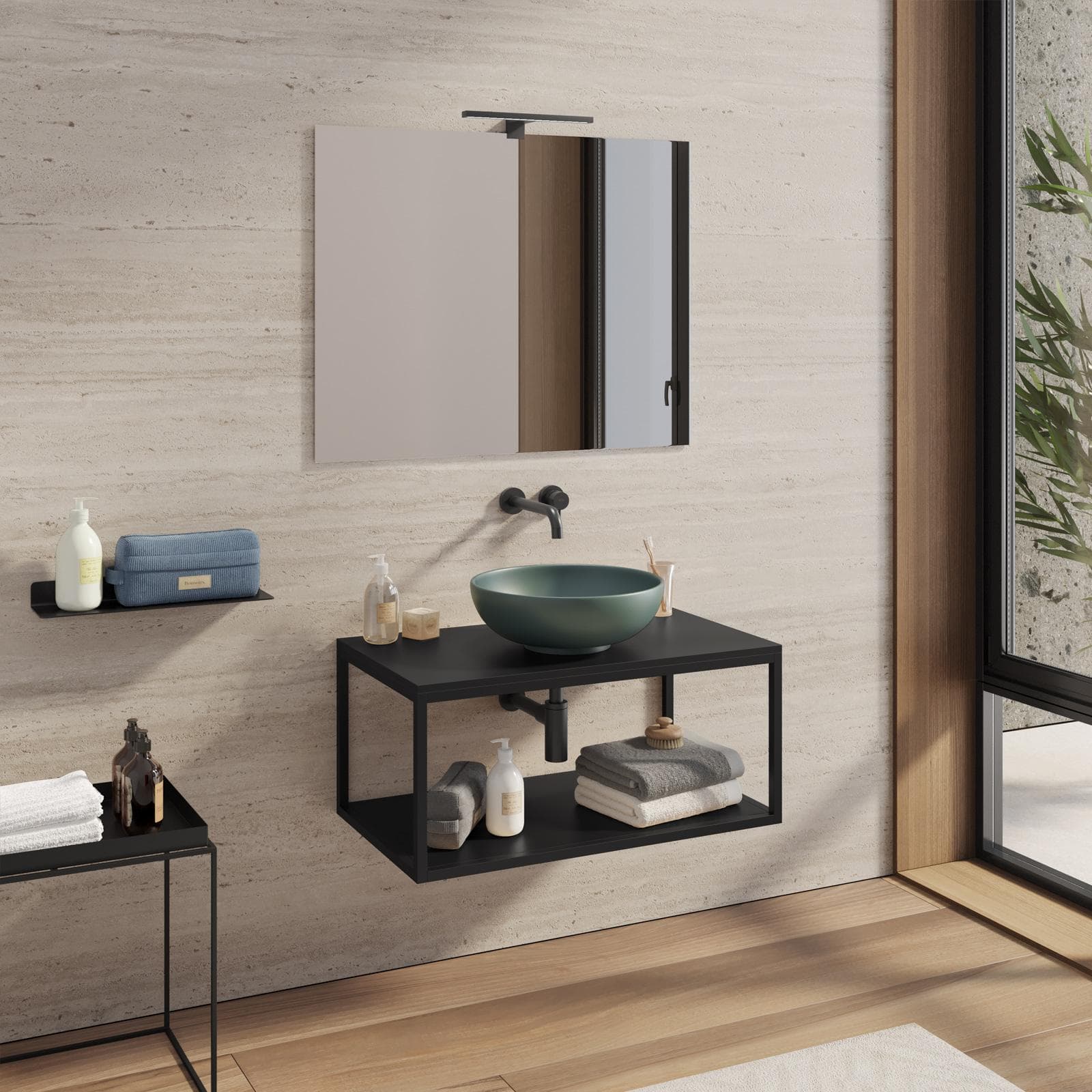 Mobile bagno sospeso portalavabo 80 cm nero opaco con specchio - Axis