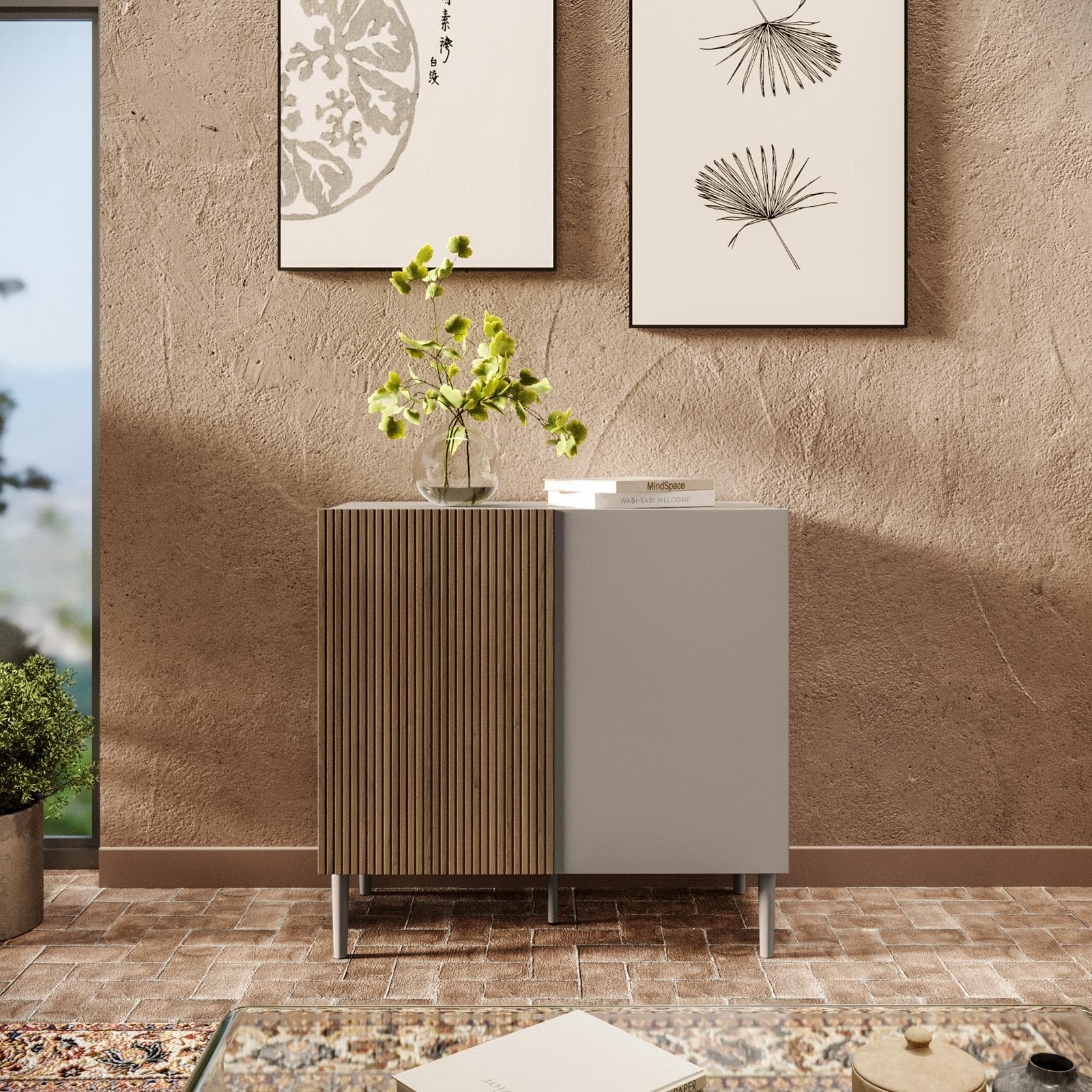 Mobile contenitore 80x78h cm tortora e rovere millennium cannettato con 2 ante e gambe tortora - Zelma