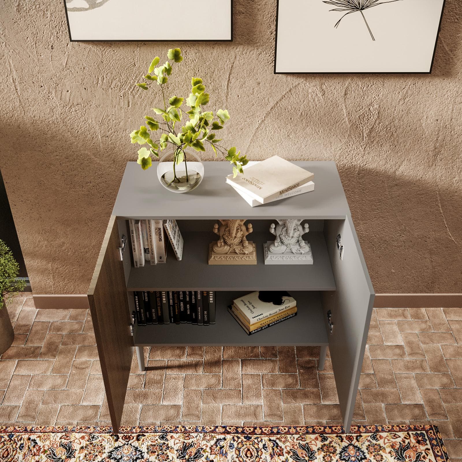 Mobile contenitore 80x78h cm tortora e rovere millennium cannettato con 2 ante e gambe tortora - Zelma