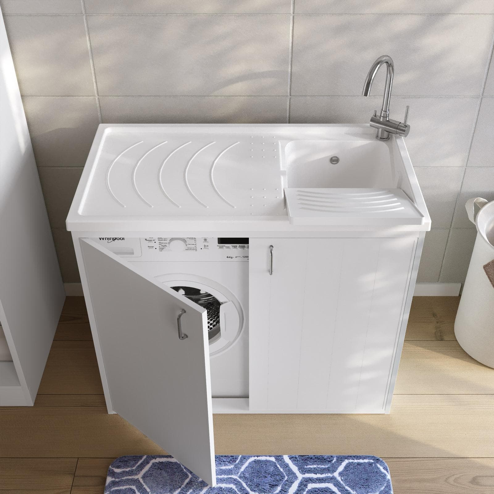 Mobile coprilavatrice 109x60 cm bianco reversibile 2 ante con vasca e strofinatoio - Vix
