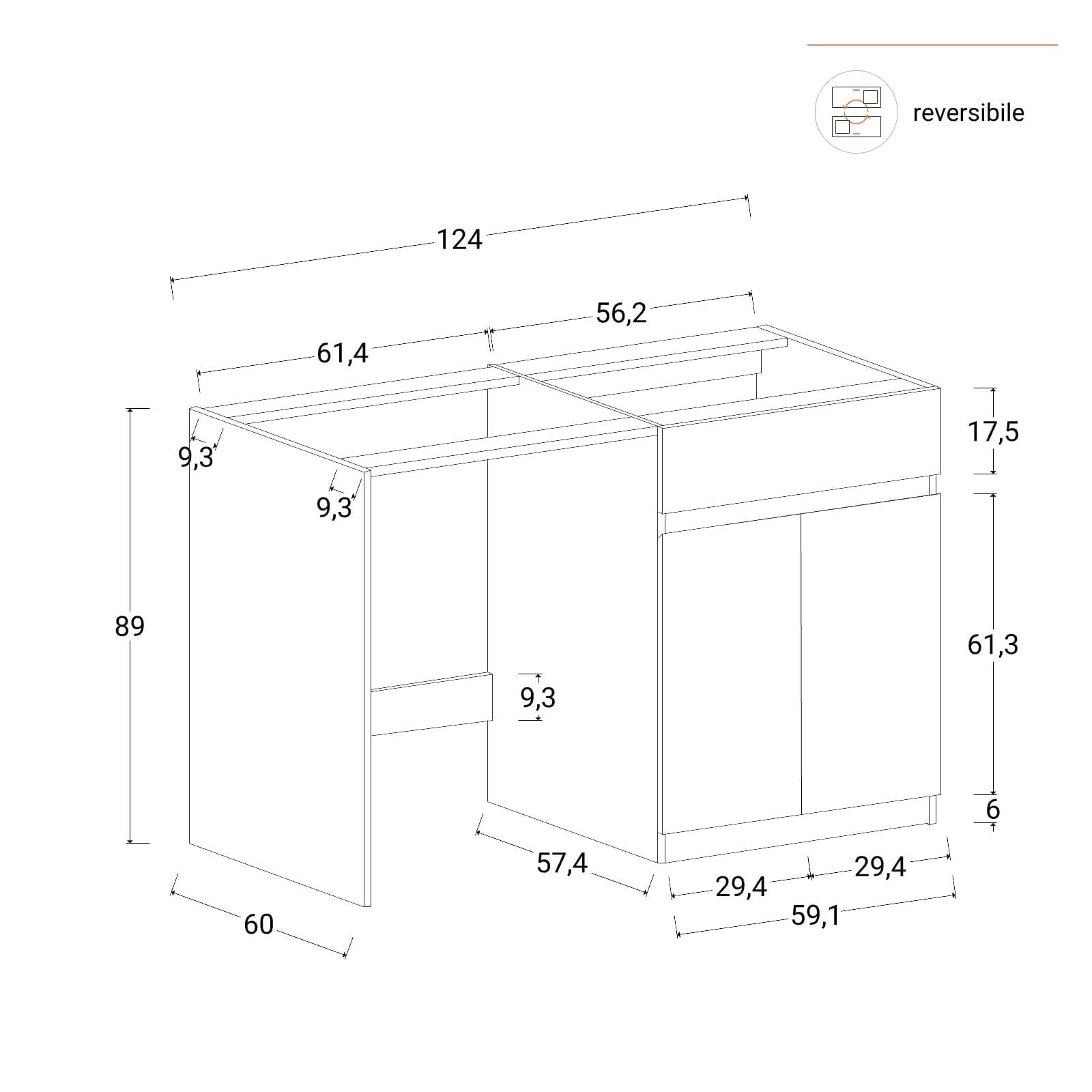 Mobile coprilavatrice 124x60 cm con 2 ante bianco frassino e vasca con kit scarico - Sytka