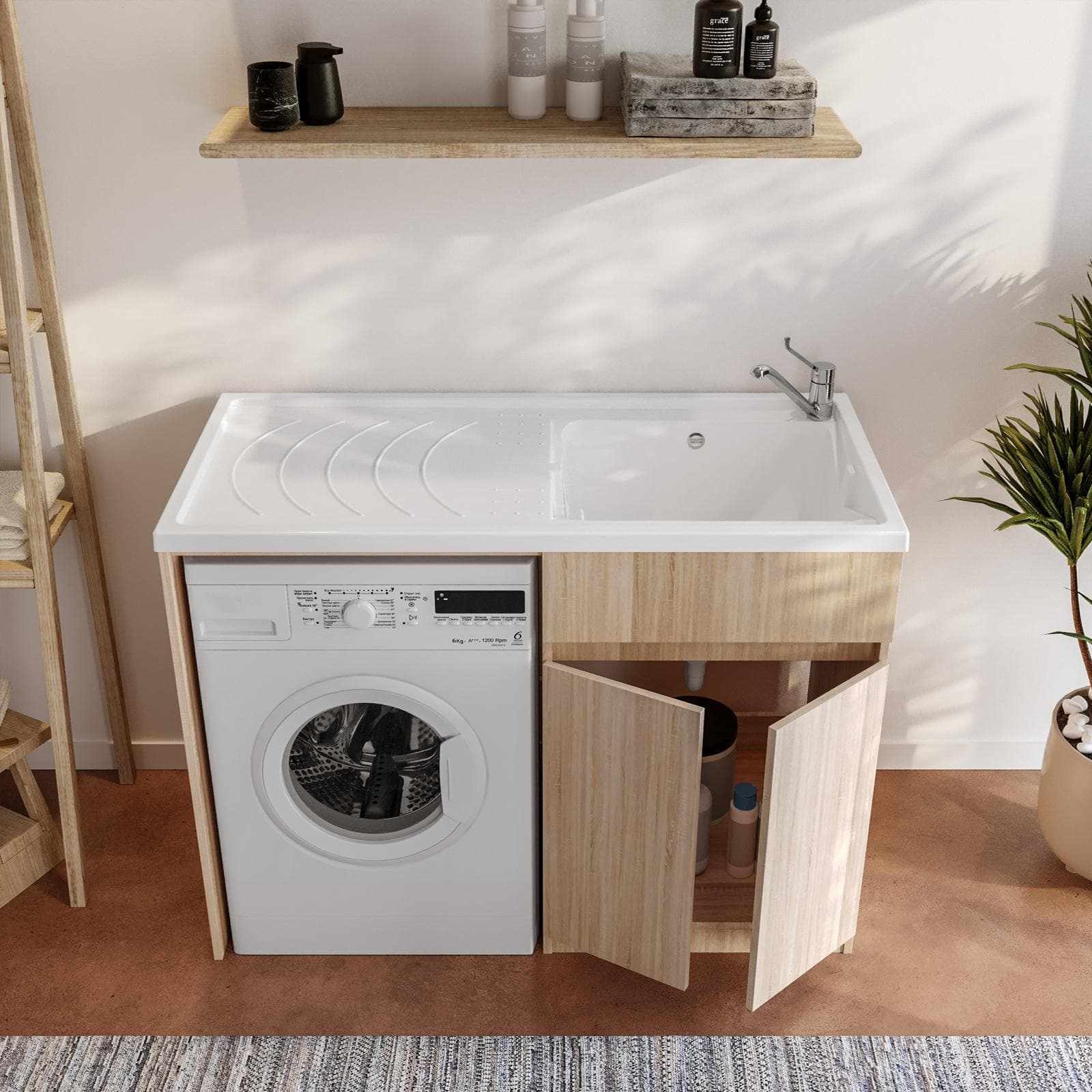 Mobile coprilavatrice 124x60 cm con 2 ante rovere marley e vasca con kit scarico - Sytka