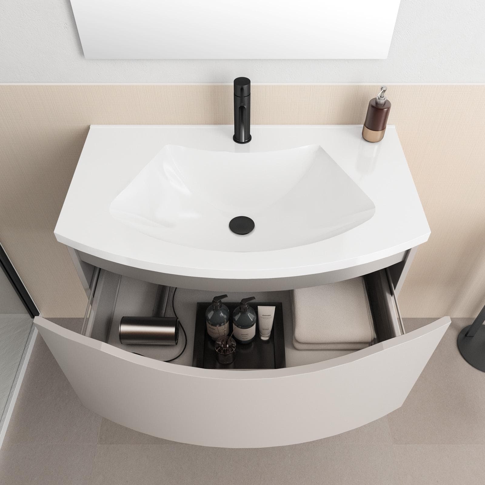 Mobile bagno sospeso 80 cm tortora opaco con cassettone - Jasmine