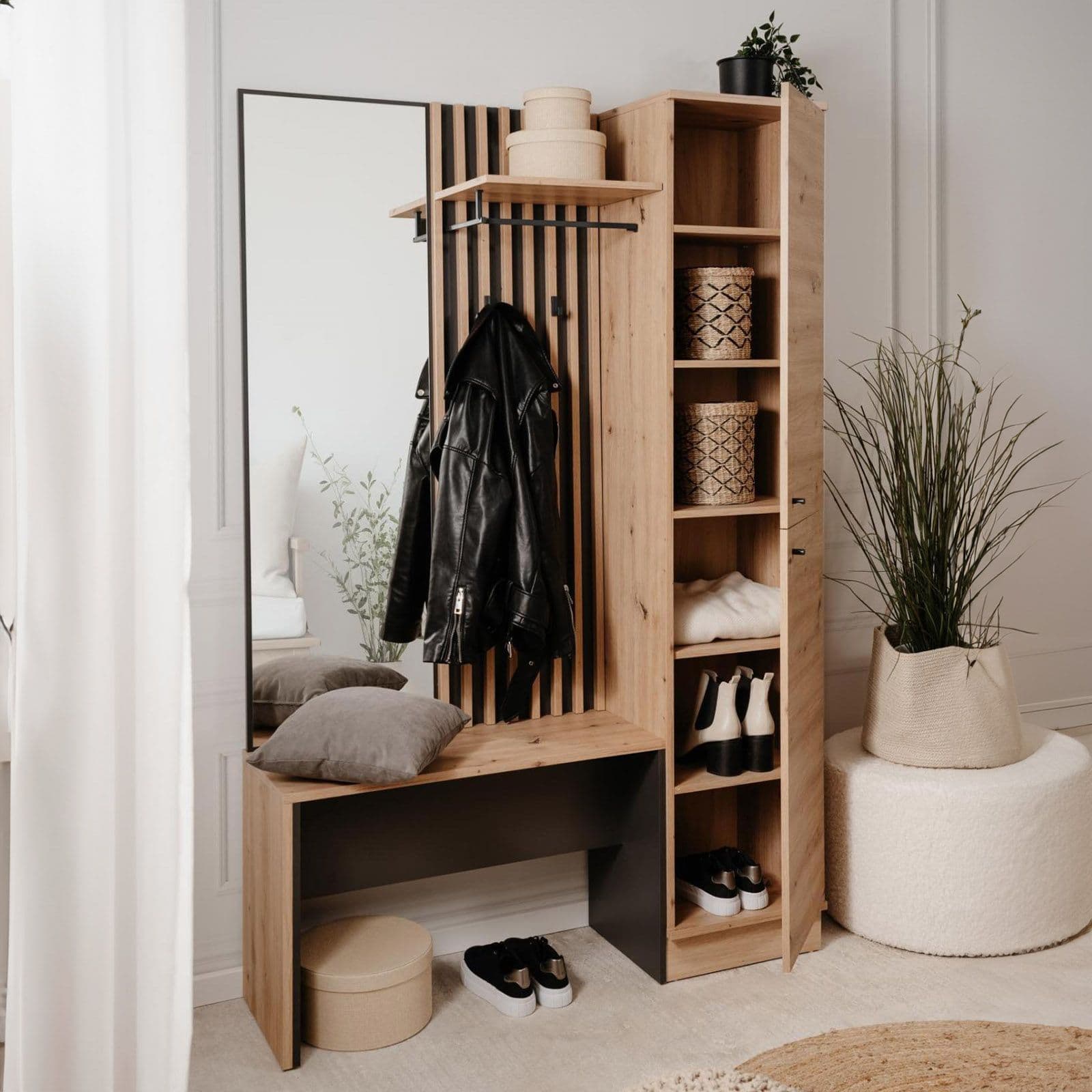 Mobile ingresso 122x190h cannettato rovere haller e antracite con panca e specchio - Sonnet