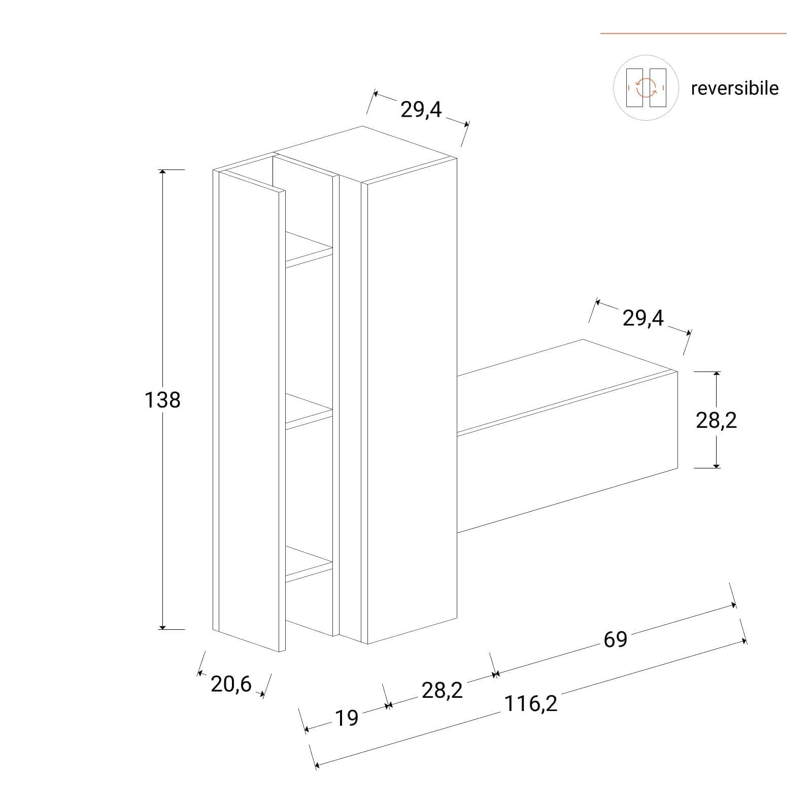Mobile ingresso sospeso reversibile 116x138h cm cadiz e bianco lucido - Clary