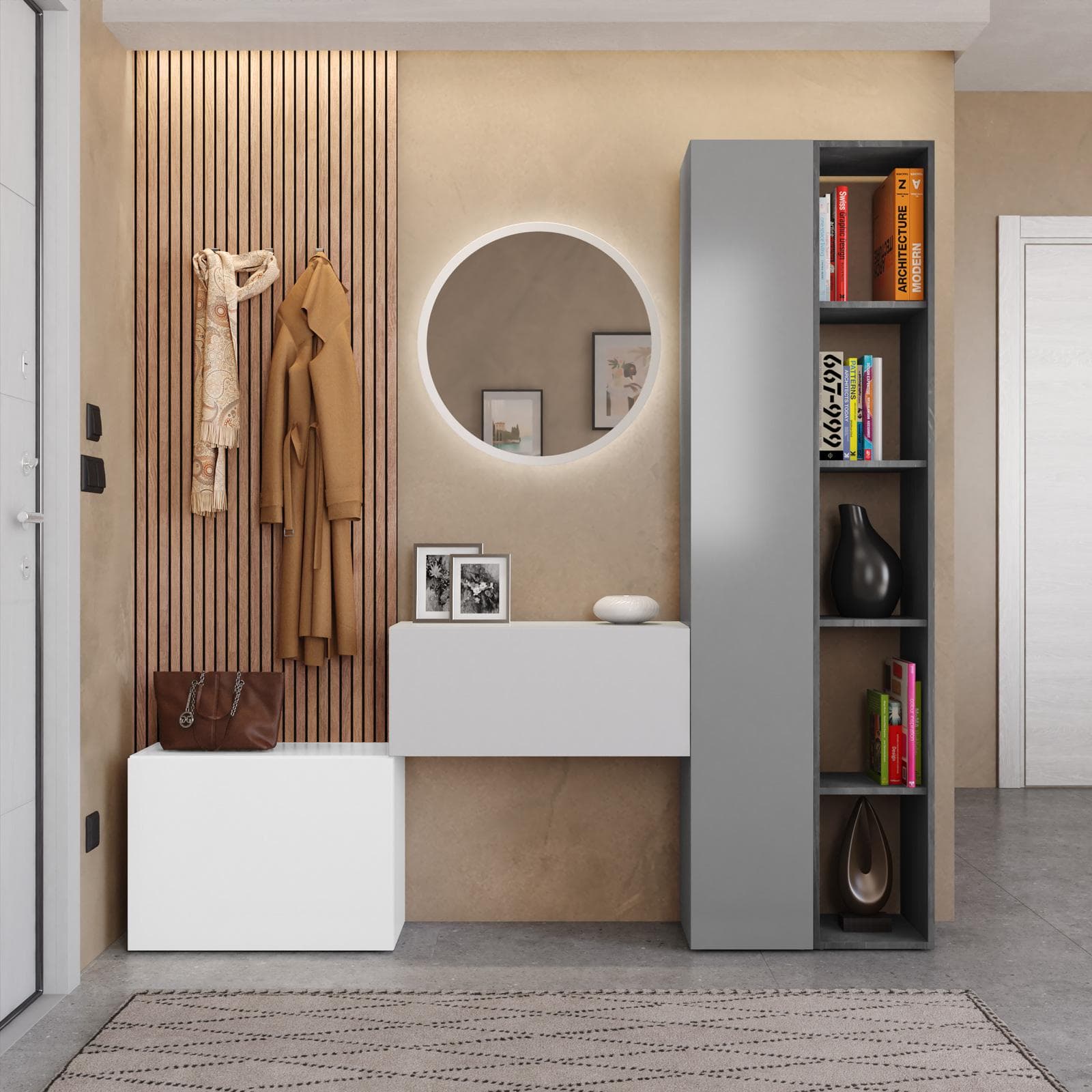 Mobile ingresso reversibile 125-180x185h cm piombo ardesia gesso bianco lucido - Clary