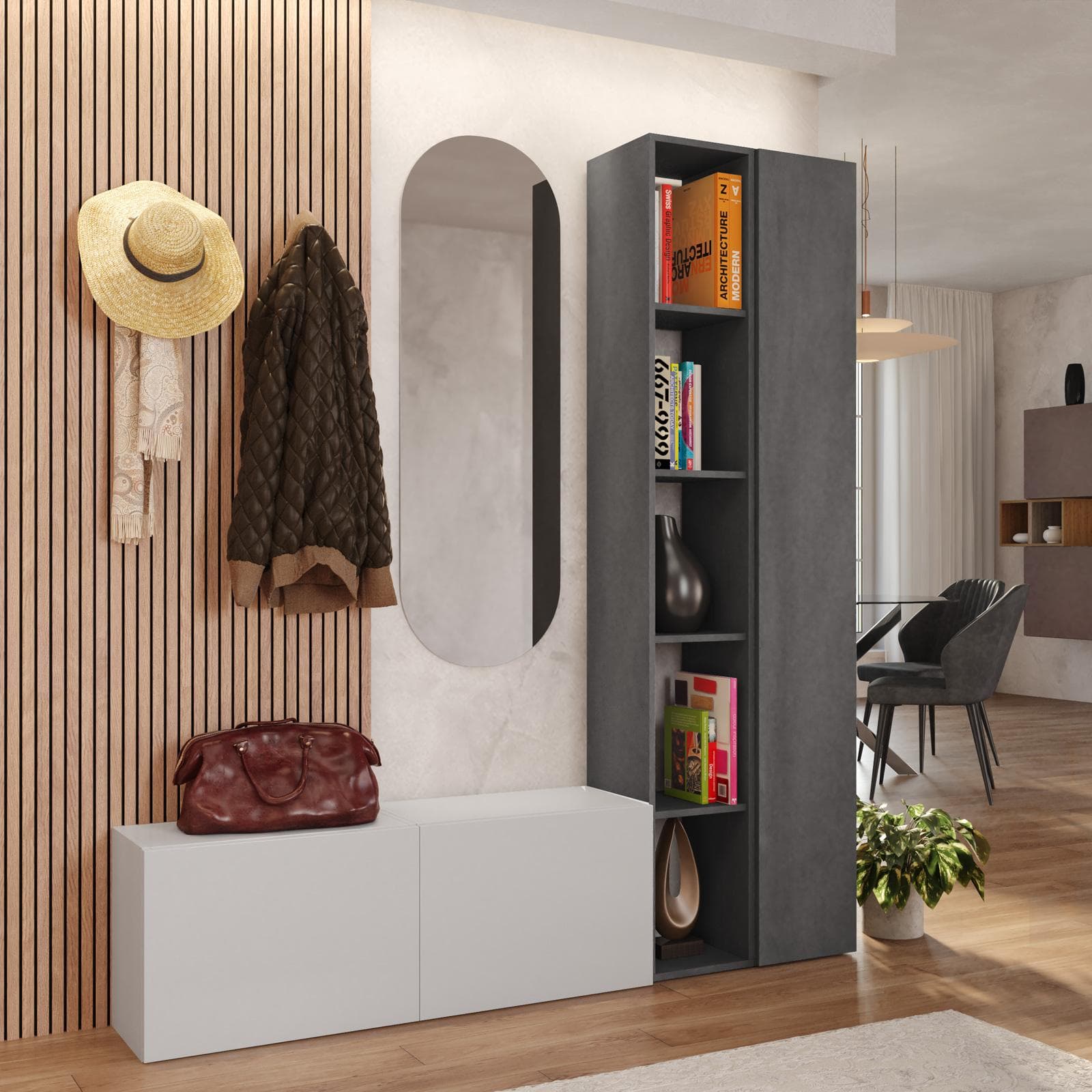 Mobile ingresso reversibile 166x185h cm 2 colonne piombo e 2 cubi gesso - Clary