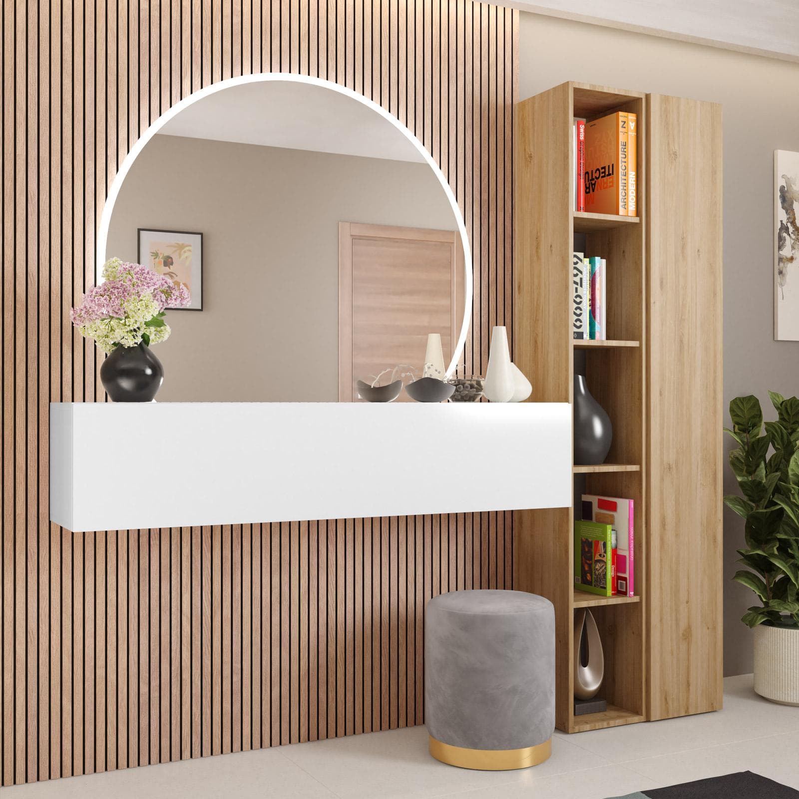 Mobile ingresso reversibile 194x185h cm 2 colonne cadiz e pensile bianco lucido - Clary