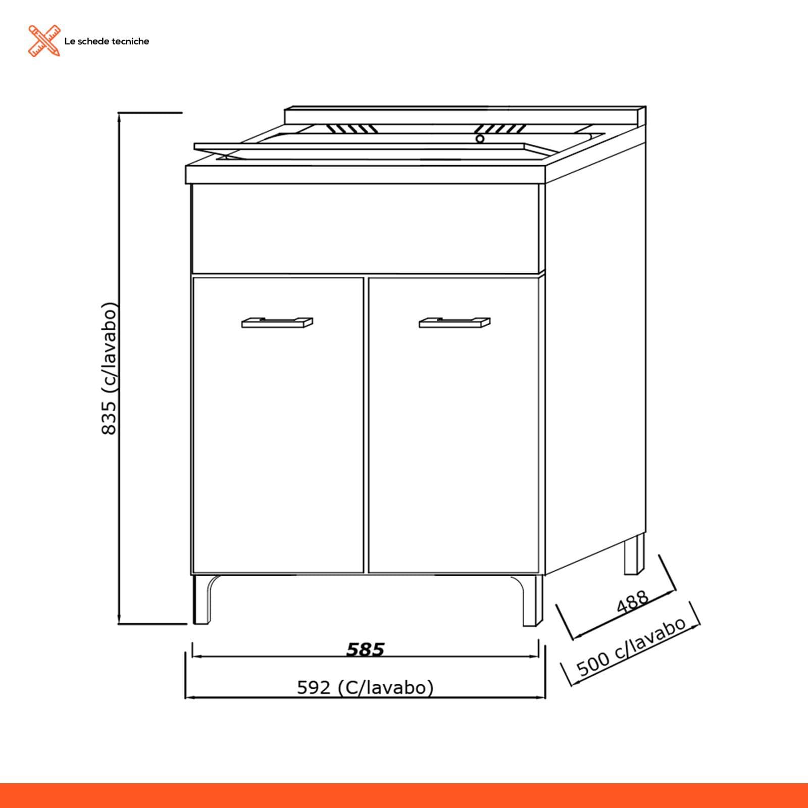 Mobile lavatoio 2 ante 60x50 cm con vasca finitura rovere fumo