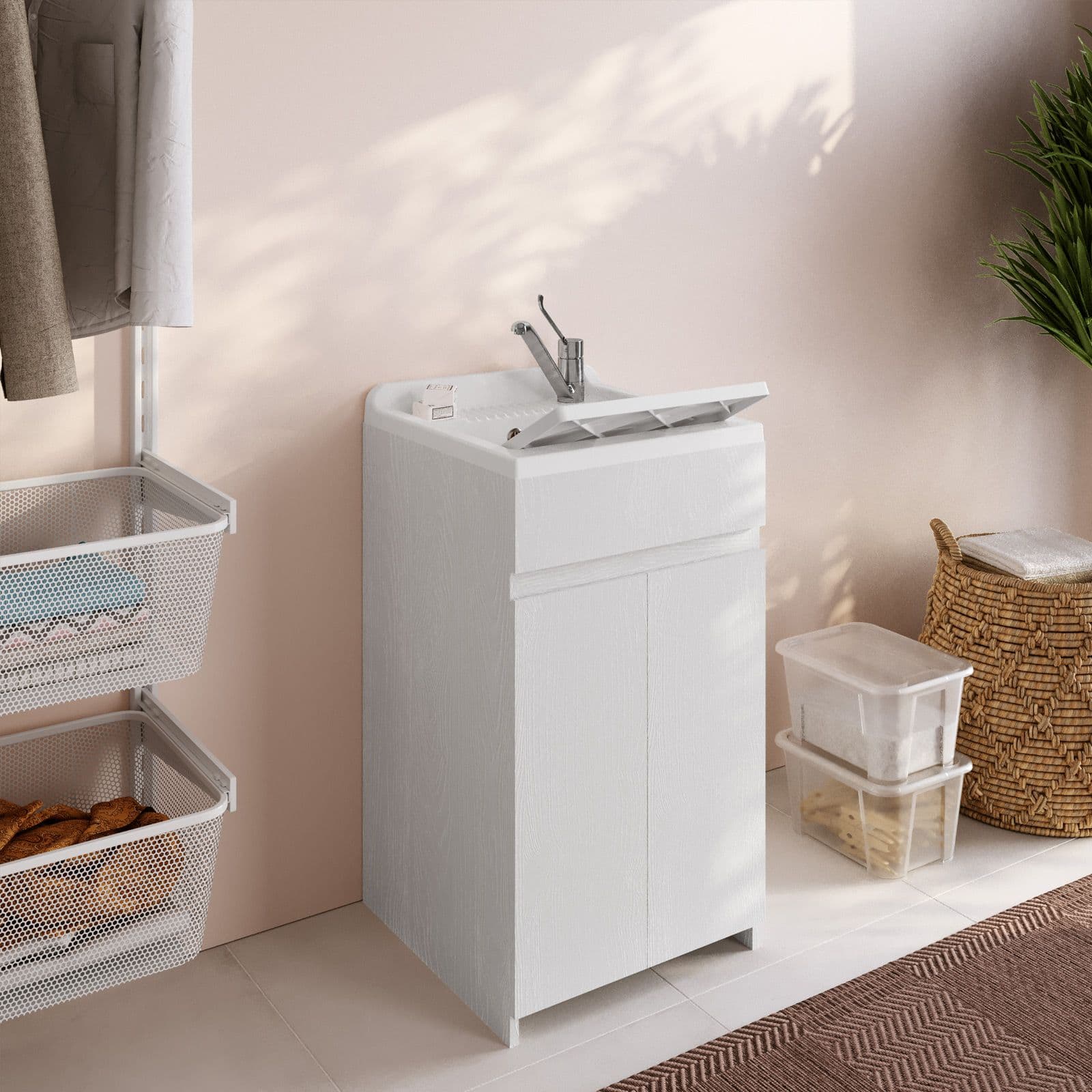 Mobile lavatoio 50x50 cm bianco frassino a 2 ante con vasca e strofinatoio - Fiona
