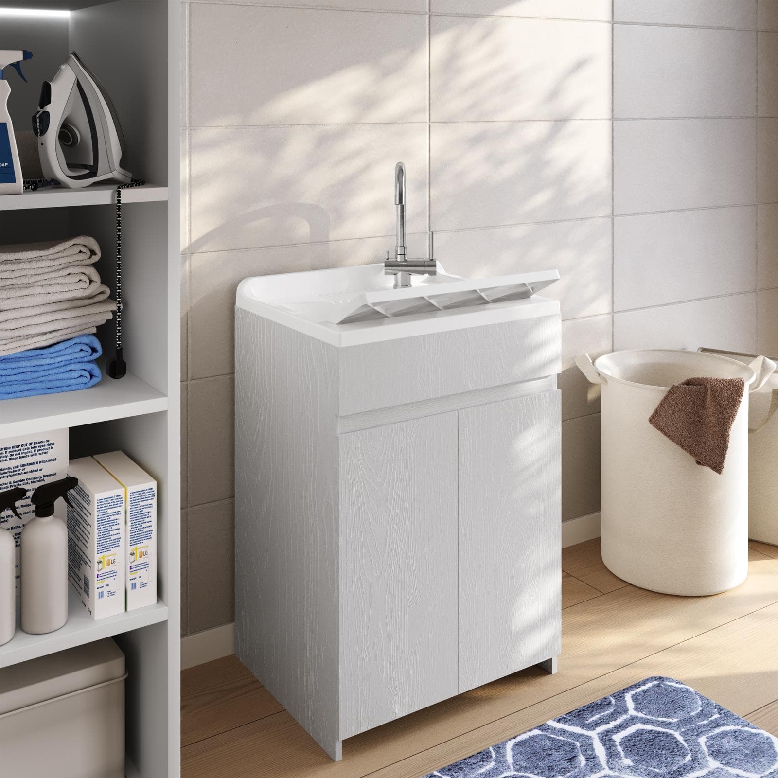 Mobile lavatoio 60x50 cm bianco frassino a 2 ante con vasca e strofinatoio - Fiona