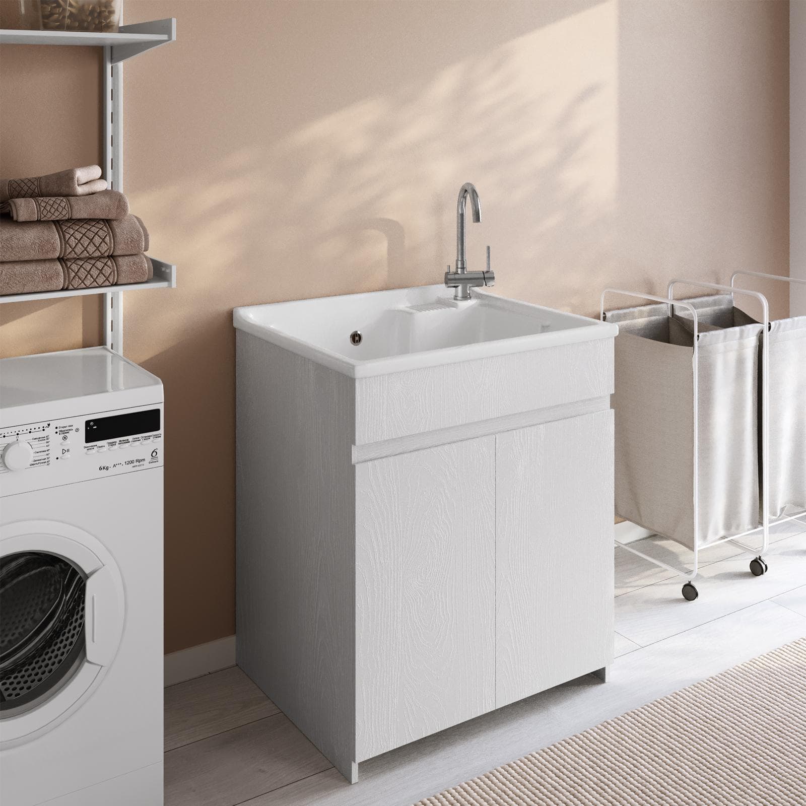 Mobile lavatoio 75x60 cm bianco frassino a 2 ante con vasca - Fiona