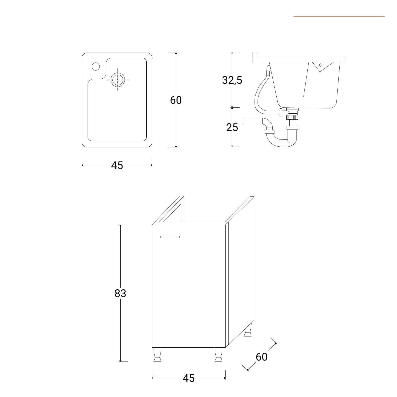 Mobile lavatoio bianco 45x60 cm con vasca in polipropilene asse in legno e kit di scarico acqua