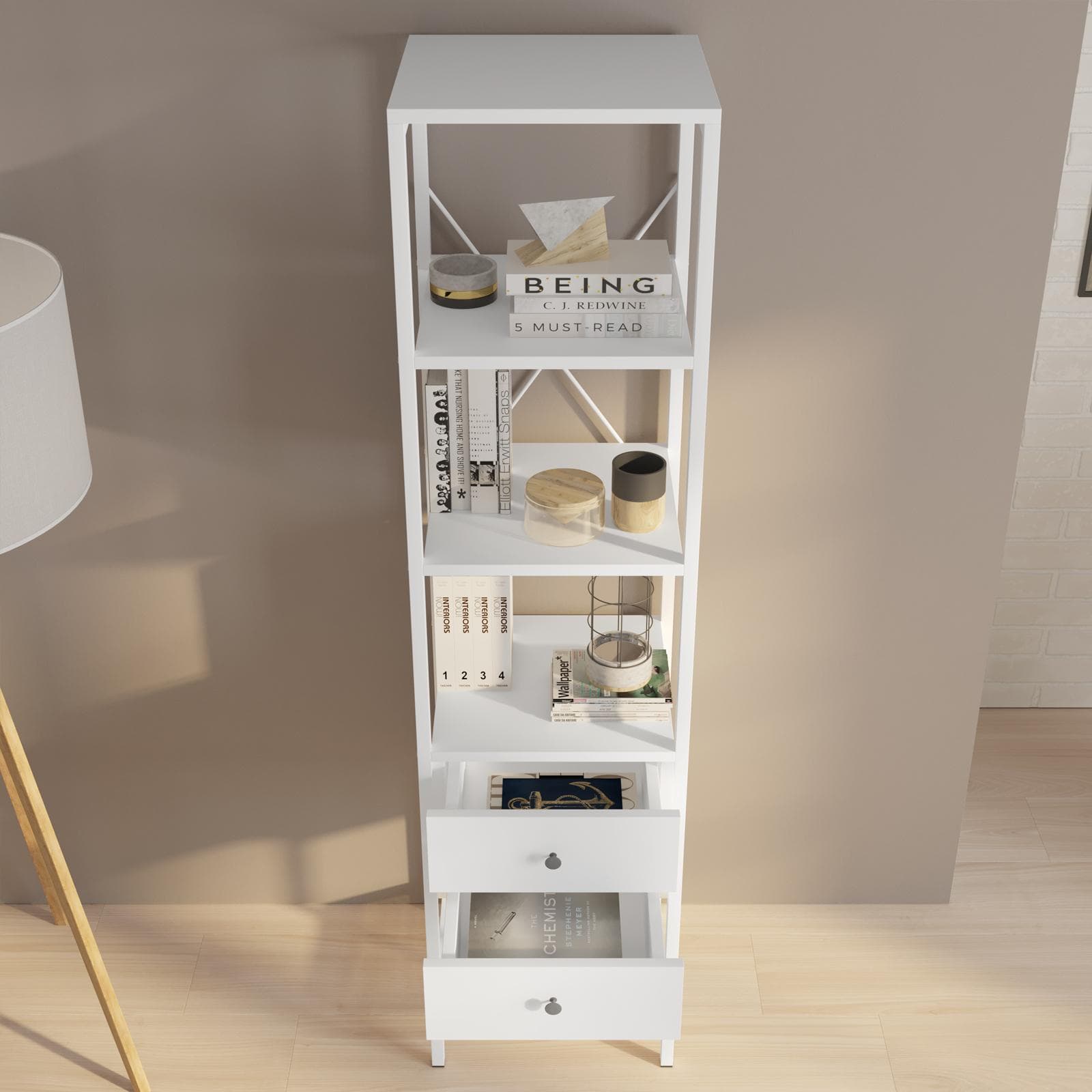 Mobile multiuso 40x160h cm in acciaio bianco con ripiani e 2 cassetti - Sheryl