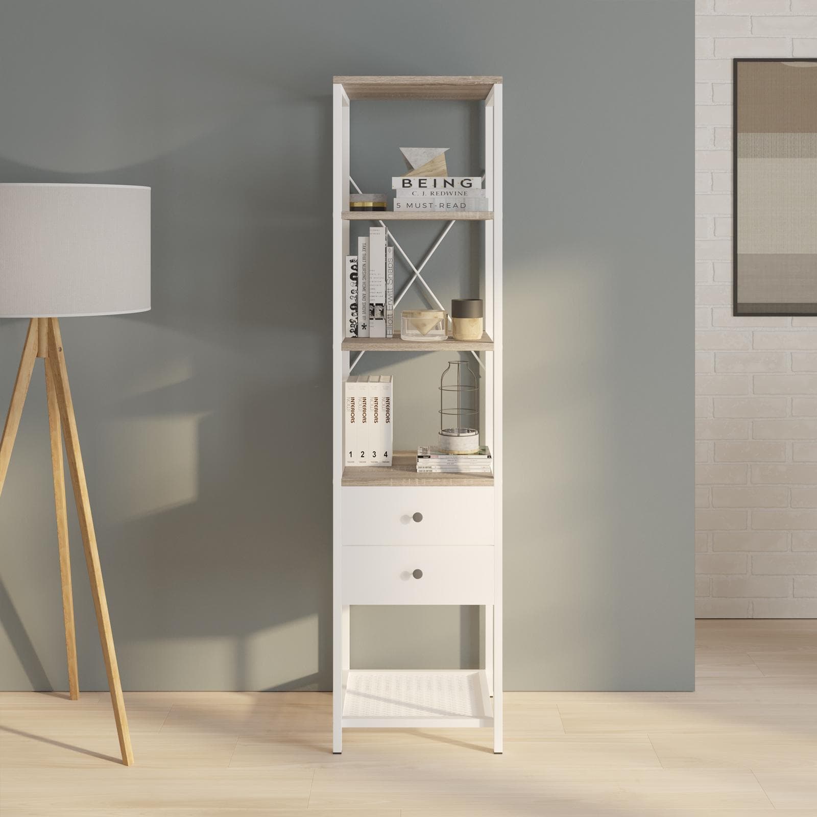 Mobile multiuso 40x160h cm in acciaio bianco e rovere con ripiani e 2 cassetti - Sheryl