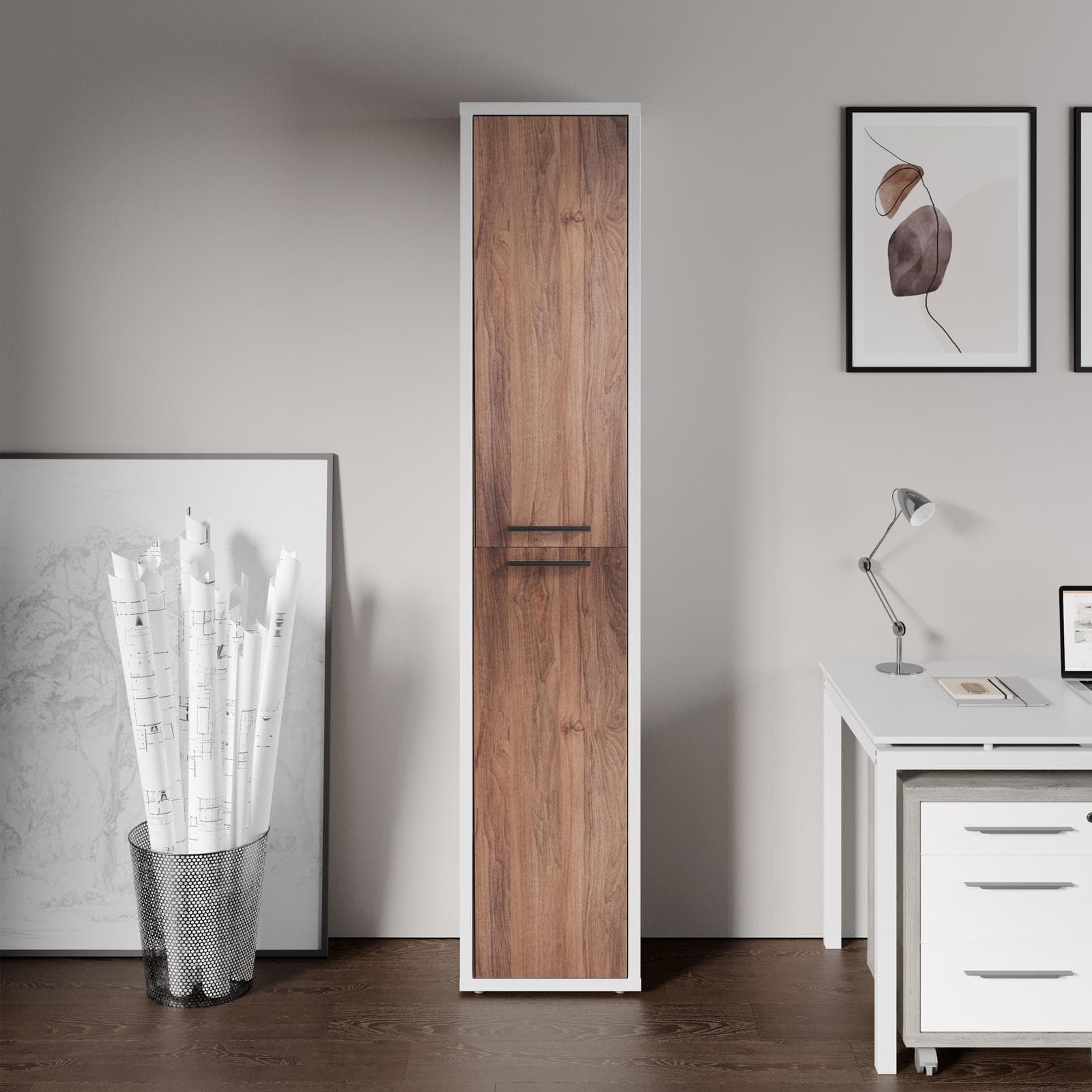 Mobile multiuso 44x217h cm bianco lucido con due ante noce brera - Historic brown