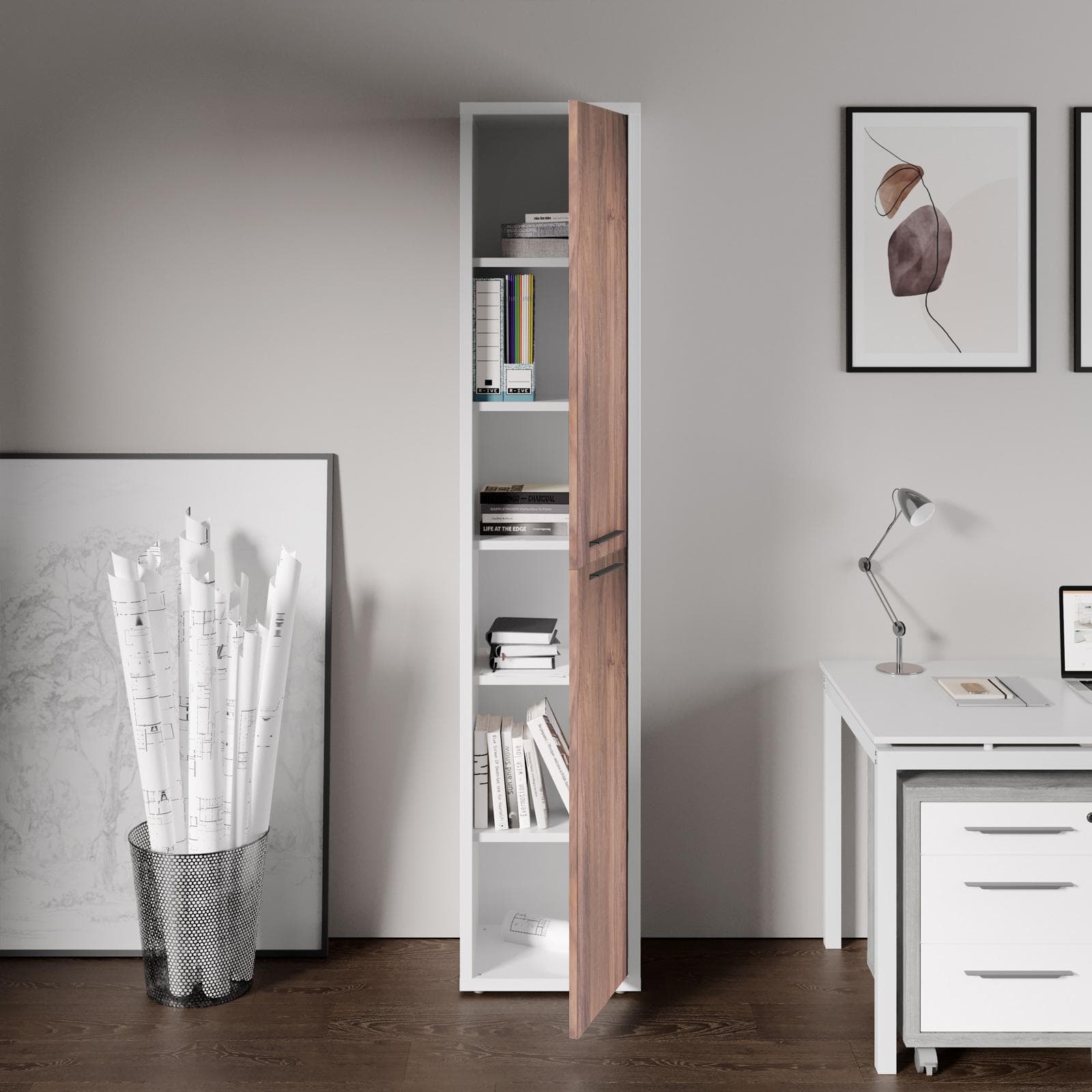 Mobile multiuso 44x217h cm bianco lucido con due ante noce brera - Historic brown
