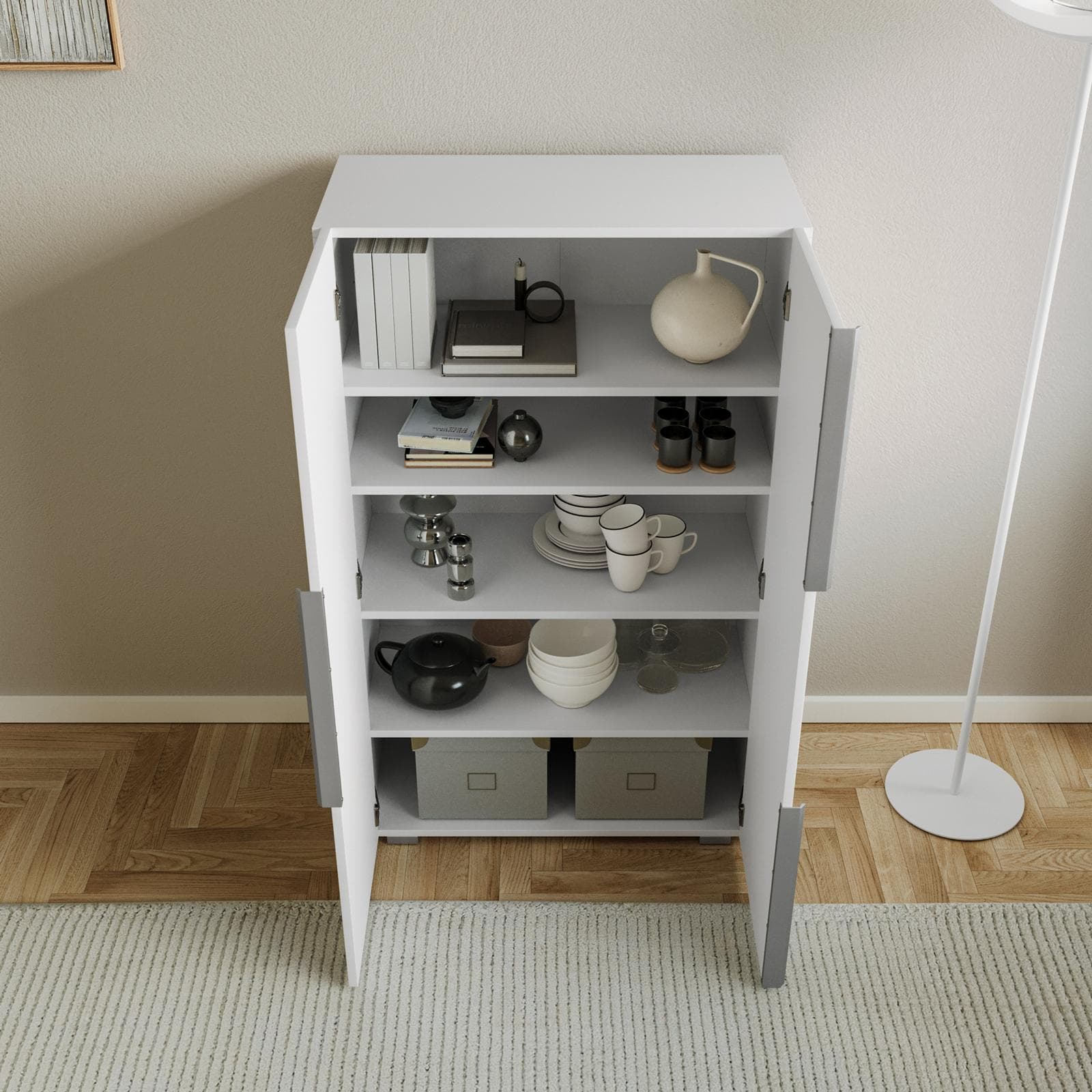 Mobile multiuso 76x125h cm bianco opaco con 2 ante e gancio estraibile - Astara