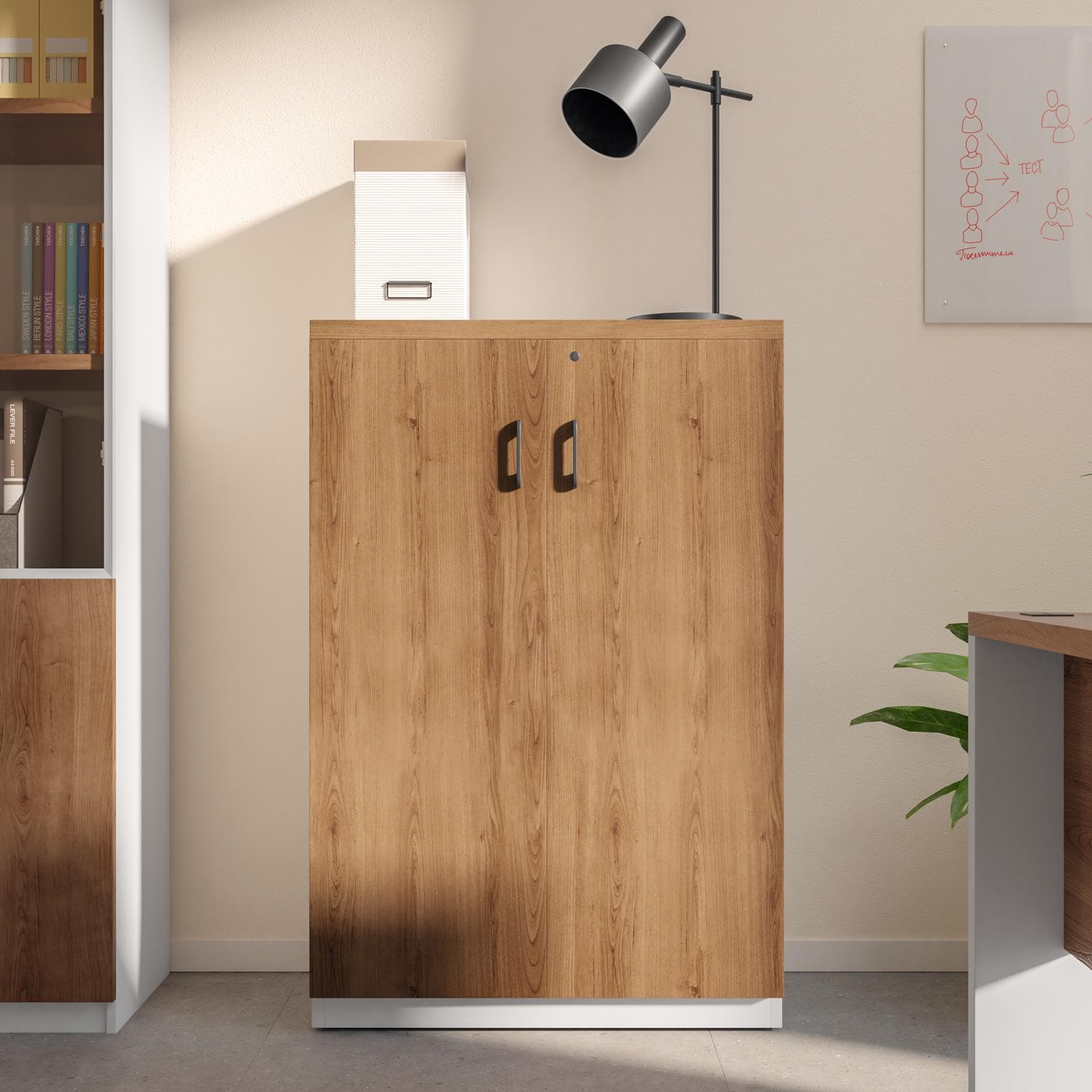 Mobile multiuso 80x120h cm in legno bianco e rovere con 2 ante soft close e serratura - Lenox