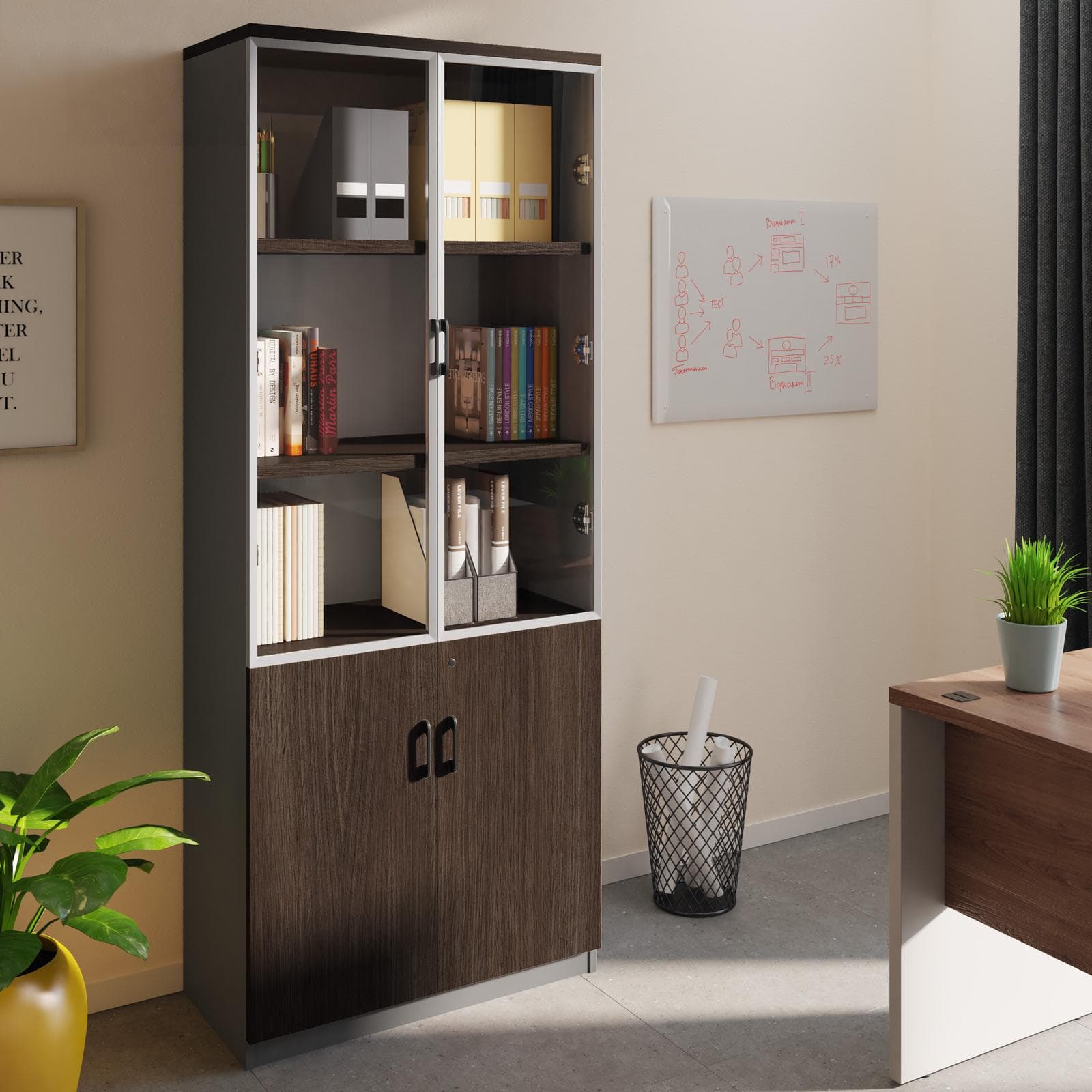 Libreria 80x200h cm in legno noce e grigio con 2 ante in legno e 2 ante in vetro soft close e serratura - Lenox
