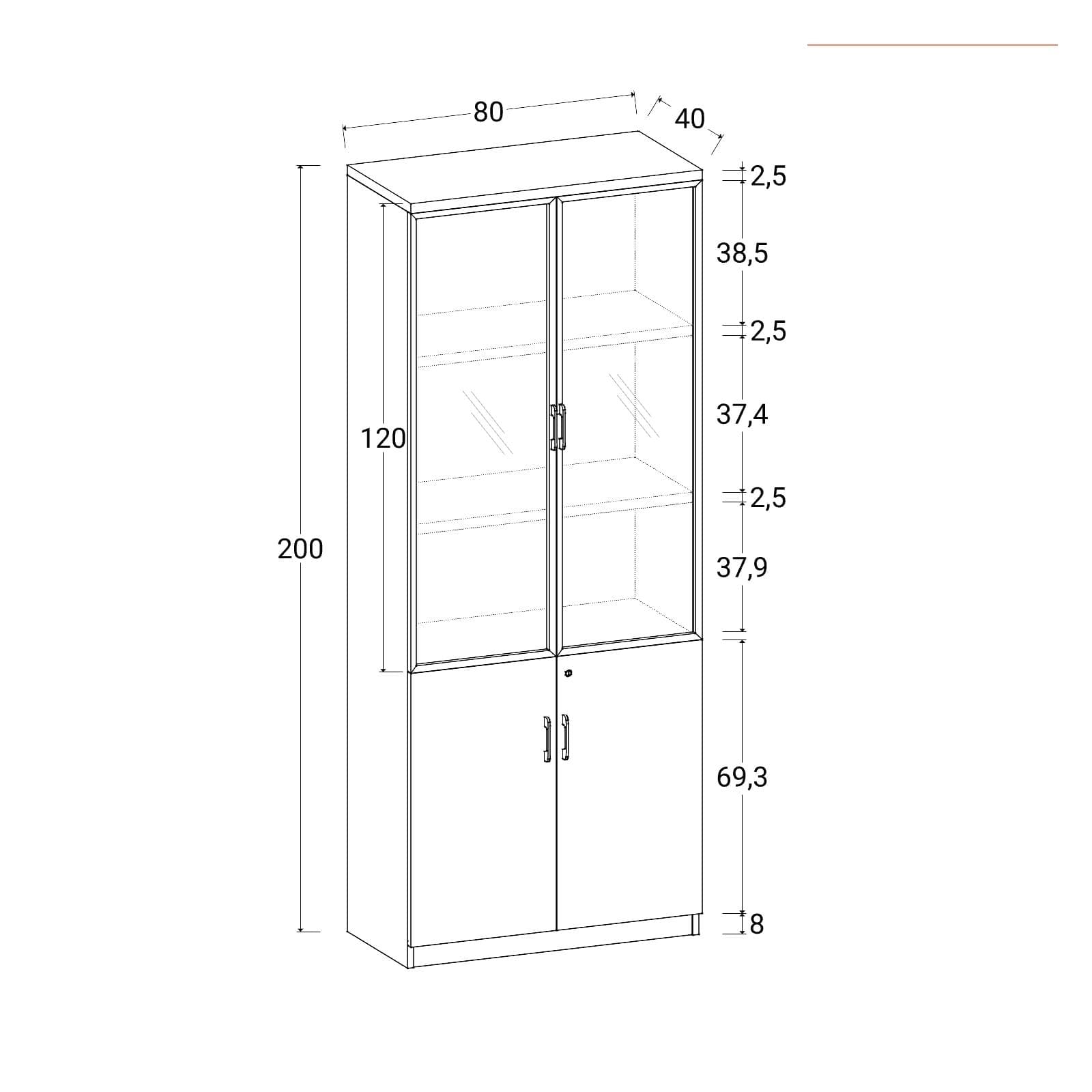 Libreria 80x200h cm in legno noce e grigio con 2 ante in legno e 2 ante in vetro soft close e serratura - Lenox