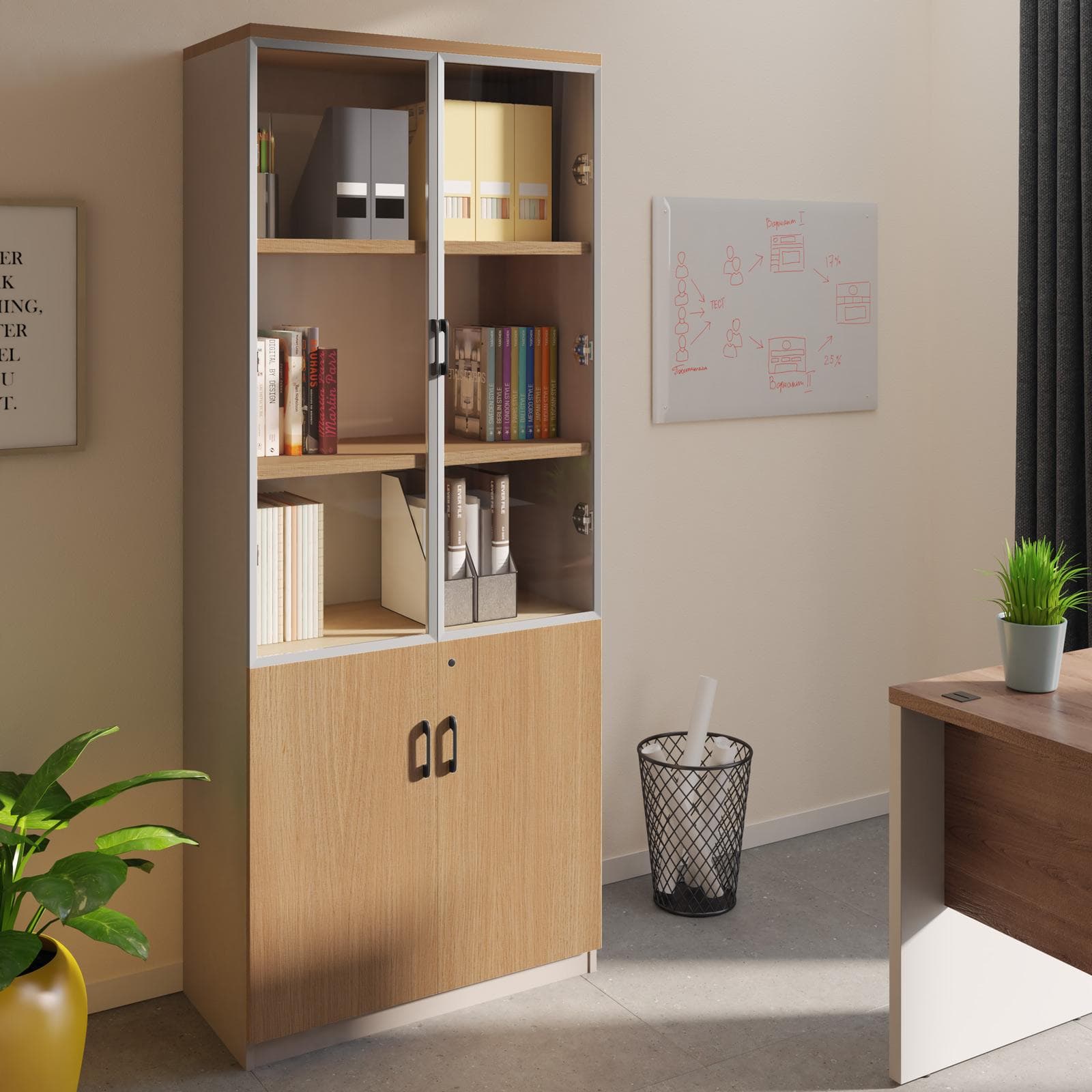 Libreria 80x200h cm in legno tortora e rovere road con 2 ante in legno e 2 ante in vetro soft close e serratura - Lenox