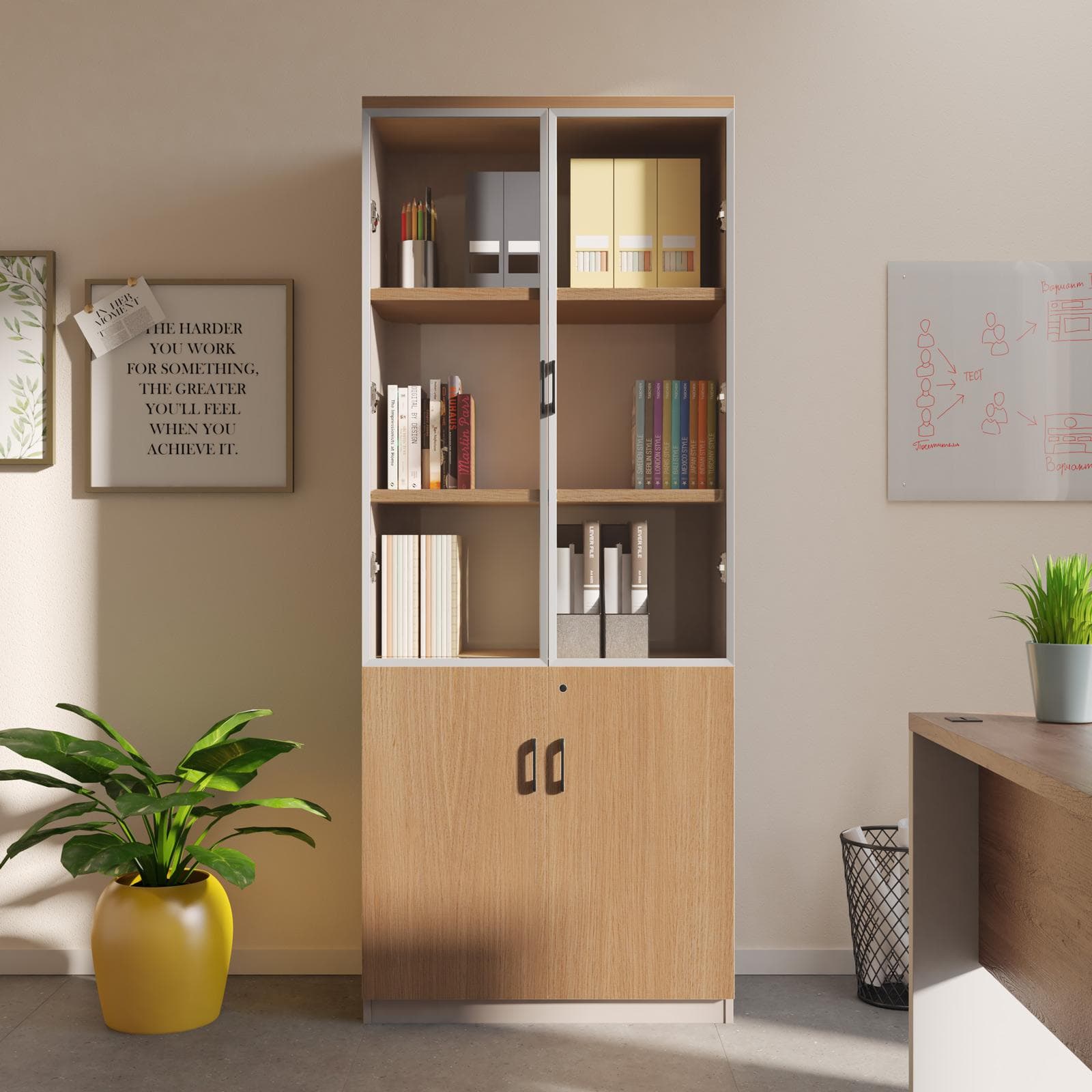 Libreria 80x200h cm in legno tortora e rovere road con 2 ante in legno e 2 ante in vetro soft close e serratura - Lenox