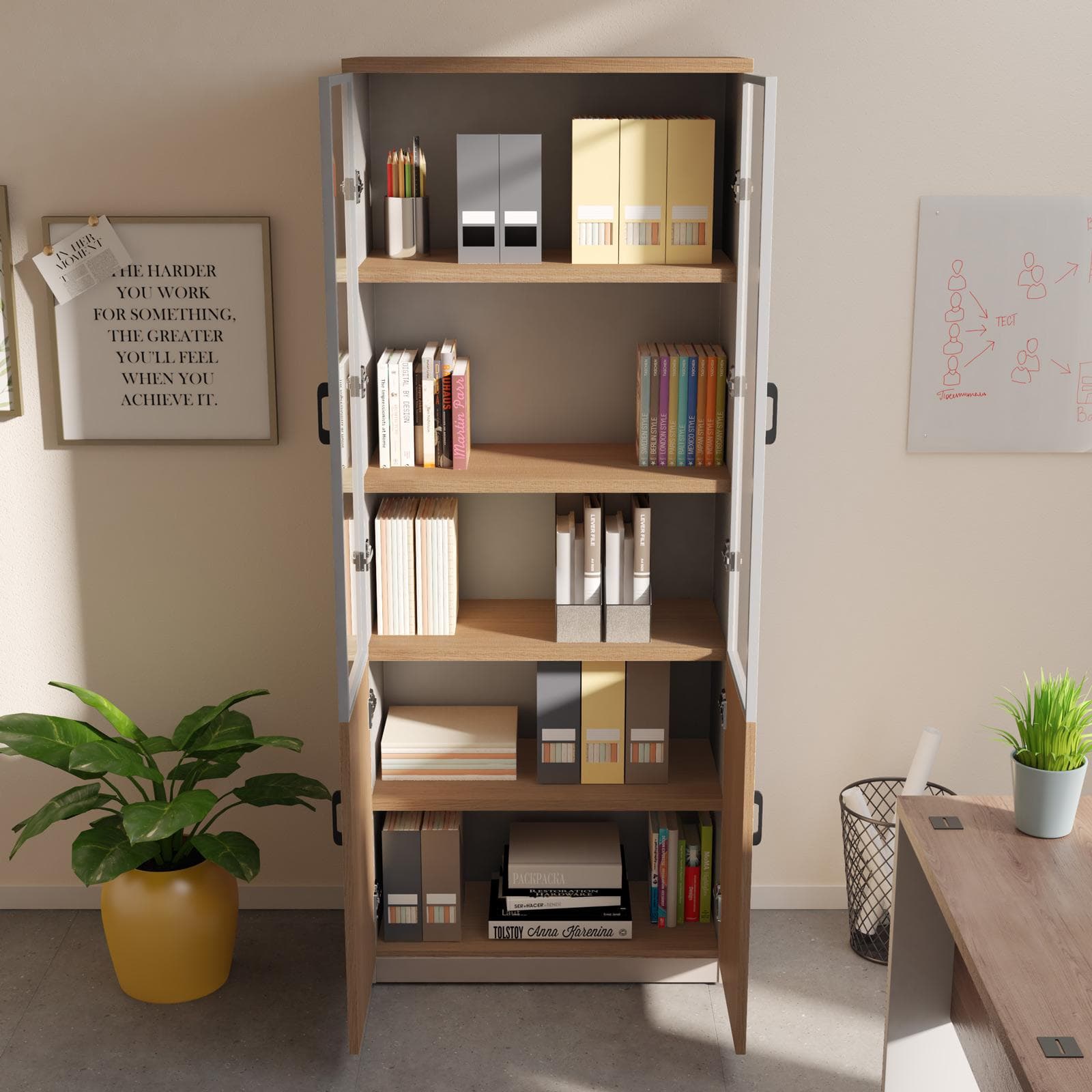 Libreria 80x200h cm in legno tortora e rovere road con 2 ante in legno e 2 ante in vetro soft close e serratura - Lenox