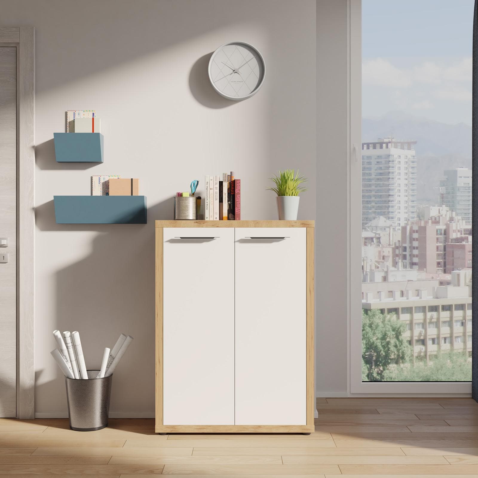 Mobile multiuso 82x112hcm rovere artisan con 2 ante bianco lucido - Homely office