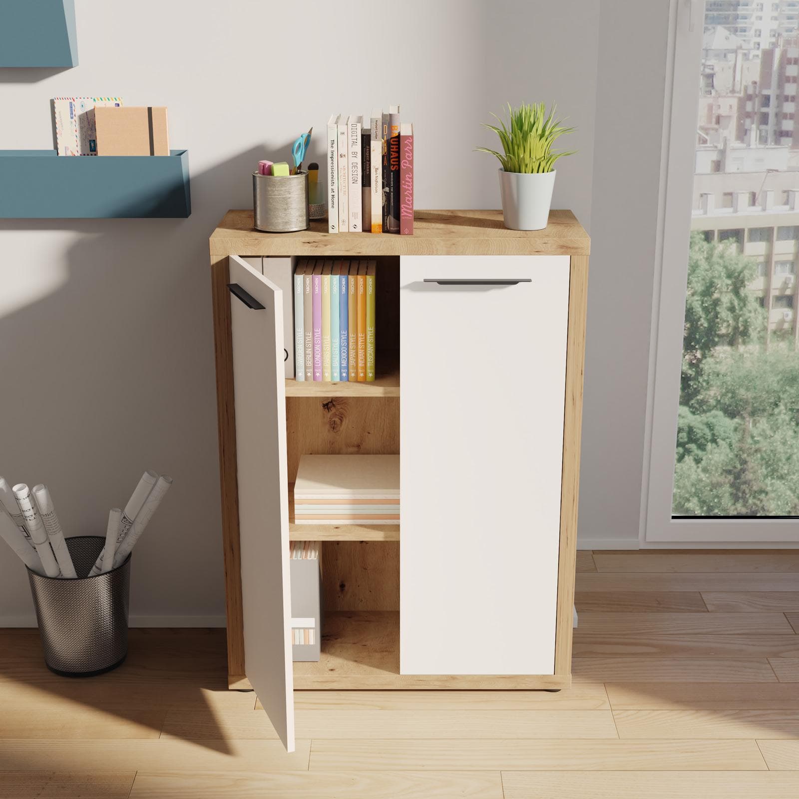 Mobile multiuso 82x112hcm rovere artisan con 2 ante bianco lucido - Homely office