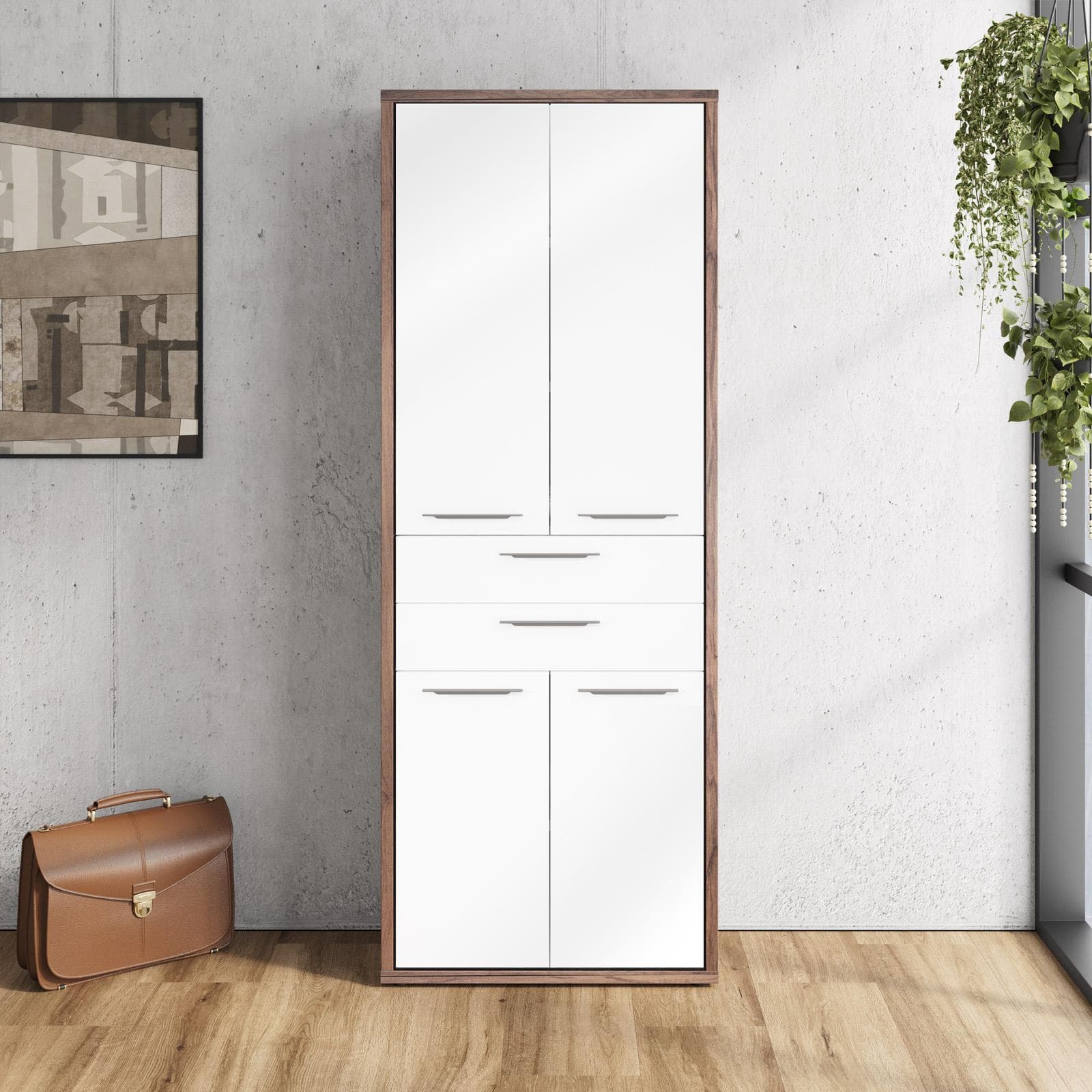Mobile multiuso 82x217h cm noce brera con 4 ante e 2 cassetti bianco lucido - Historic brown