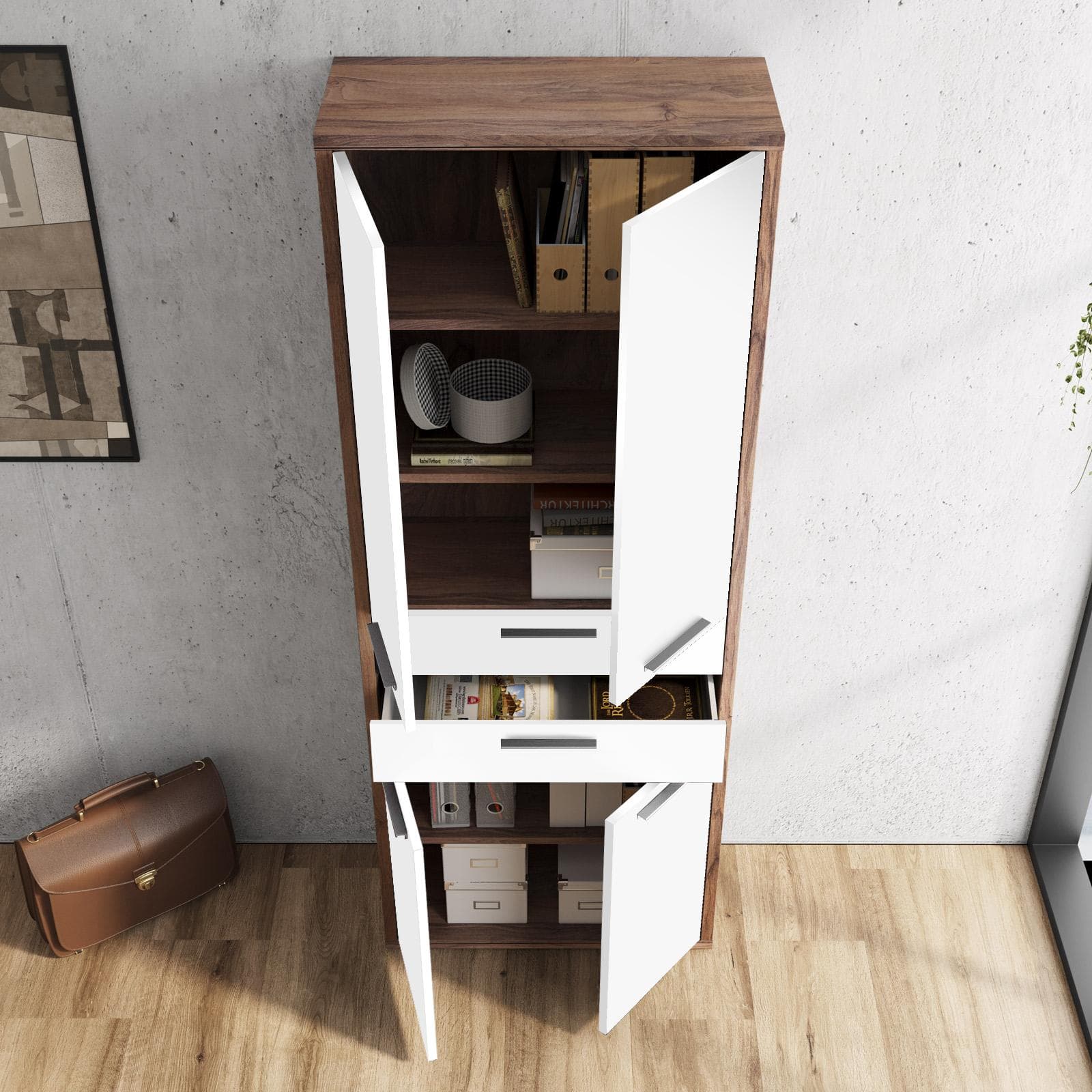 Mobile multiuso 82x217h cm noce brera con 4 ante e 2 cassetti bianco lucido - Historic brown