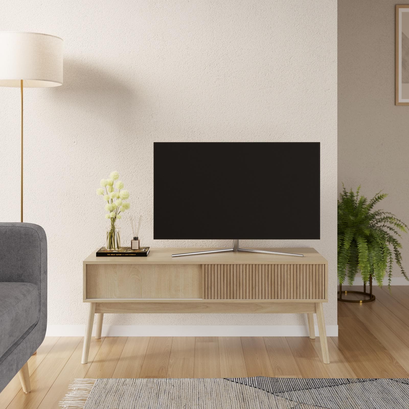 Mobile porta tv 115x48h cm effetto legno di betulla baltica con 2 ante scorrevoli - Monsieur