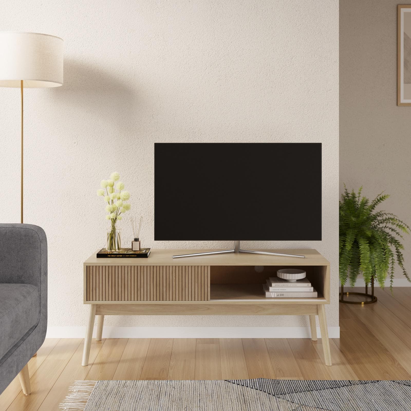 Mobile porta tv 115x48h cm effetto legno di betulla baltica con 2 ante scorrevoli - Monsieur