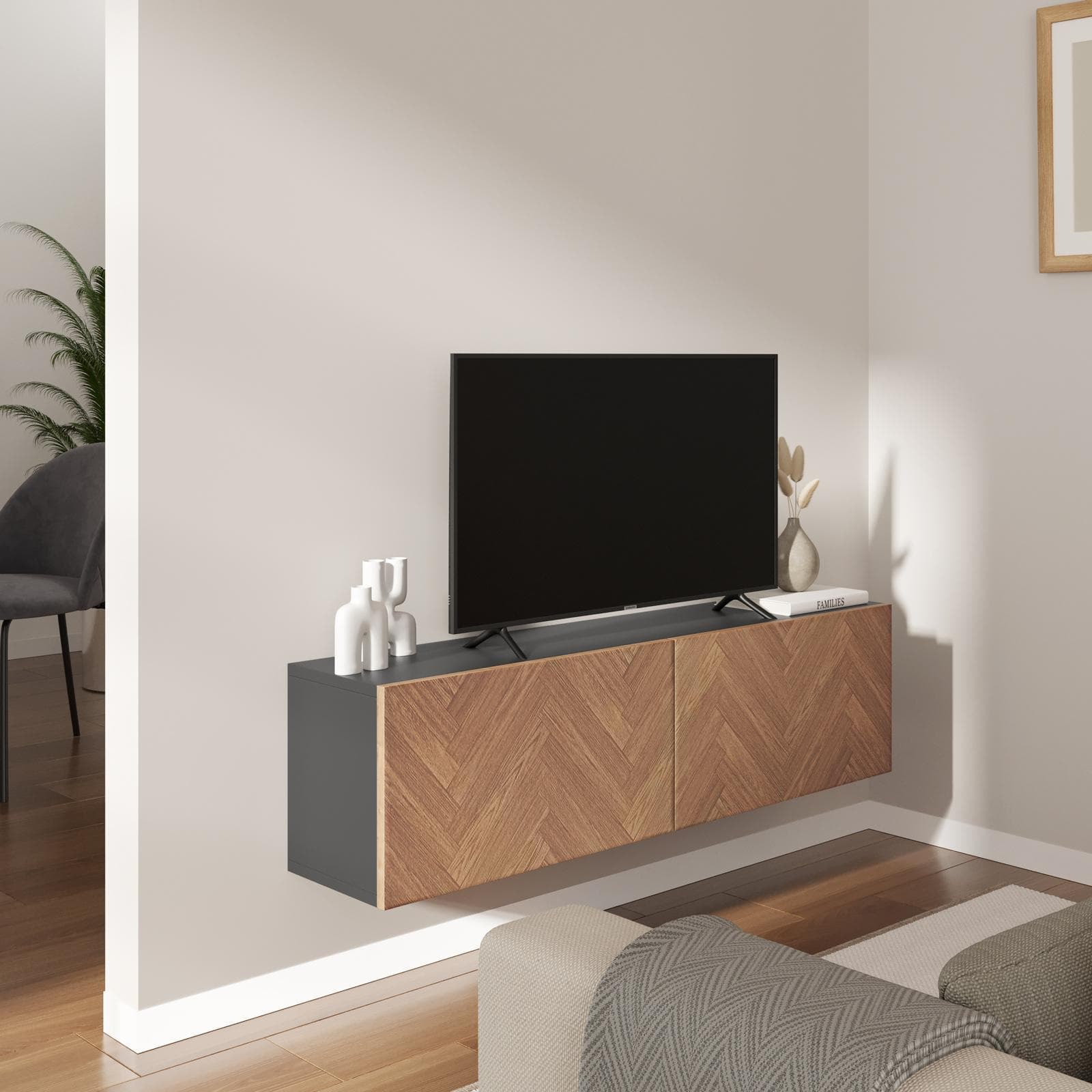 Mobile porta tv 120 cm antracite e rovere effetto parquet con 2 ante - Betka