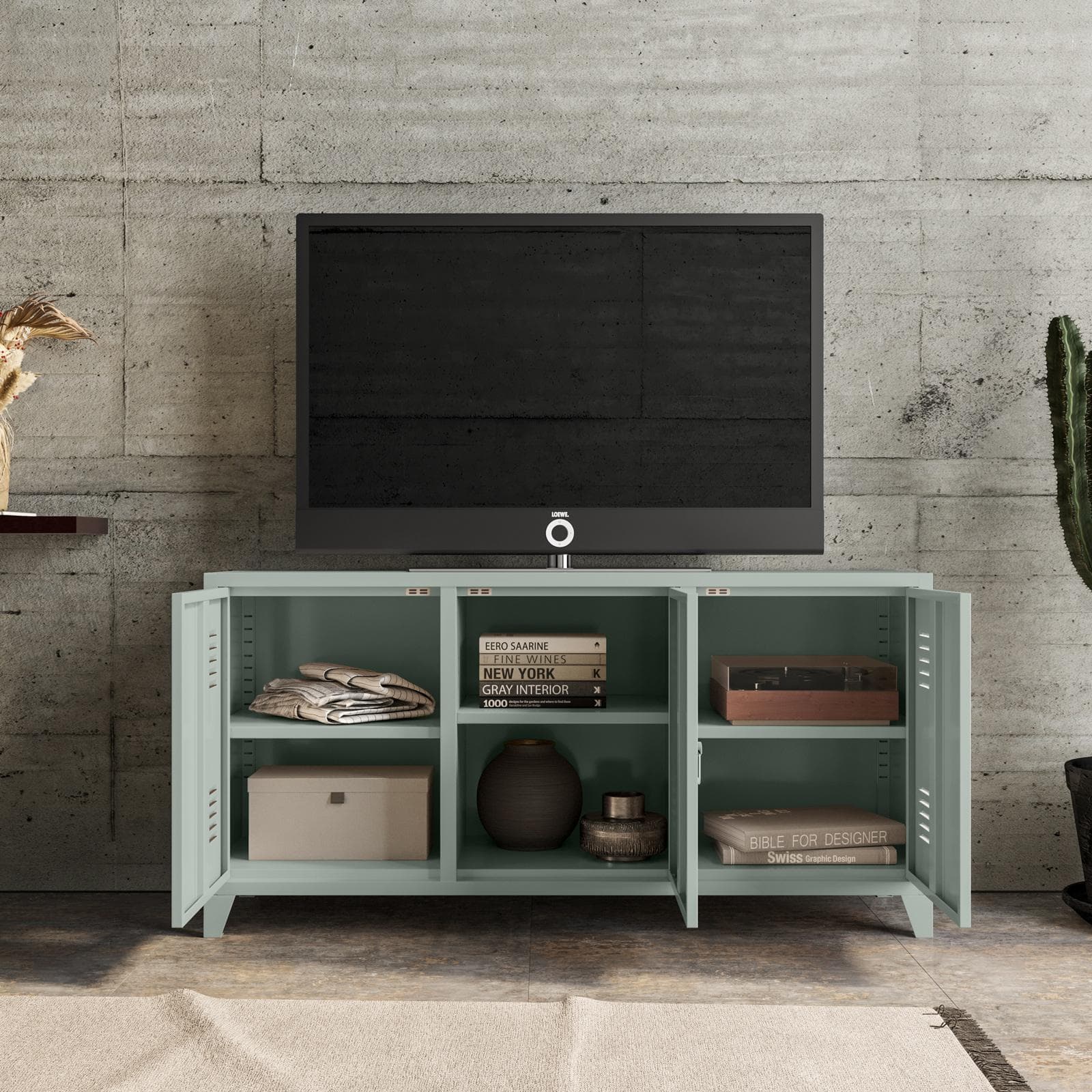 Mobile porta tv 120x60h cm in acciaio verniciato verde salvia con 3 ante - Easton