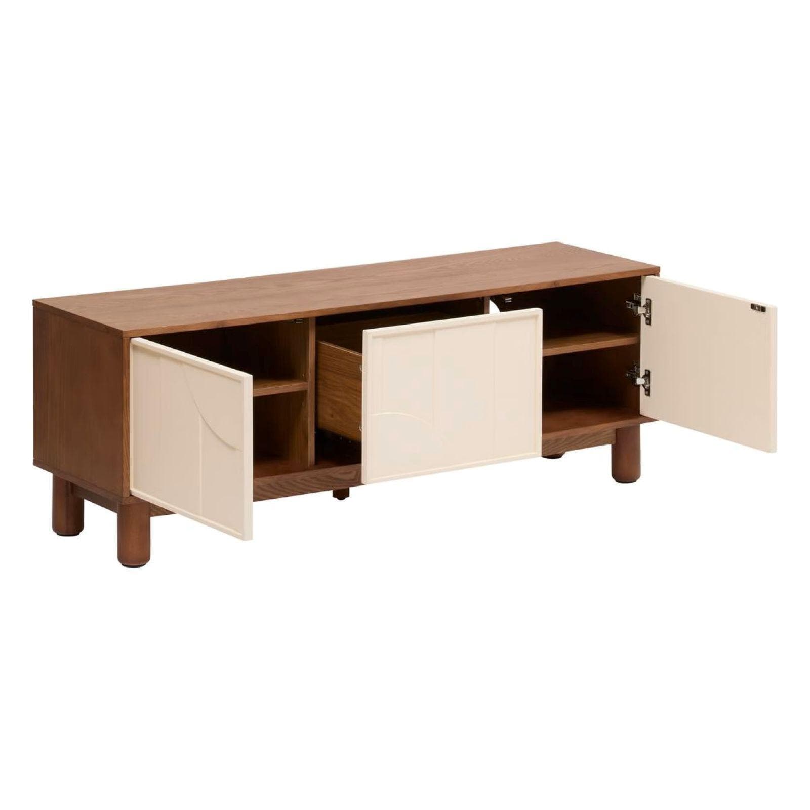 Mobile porta tv 140x51h cm impiallacciato effetto noce con 2 ante 1 cassetto beige e decorazione in rilievo - Hollie