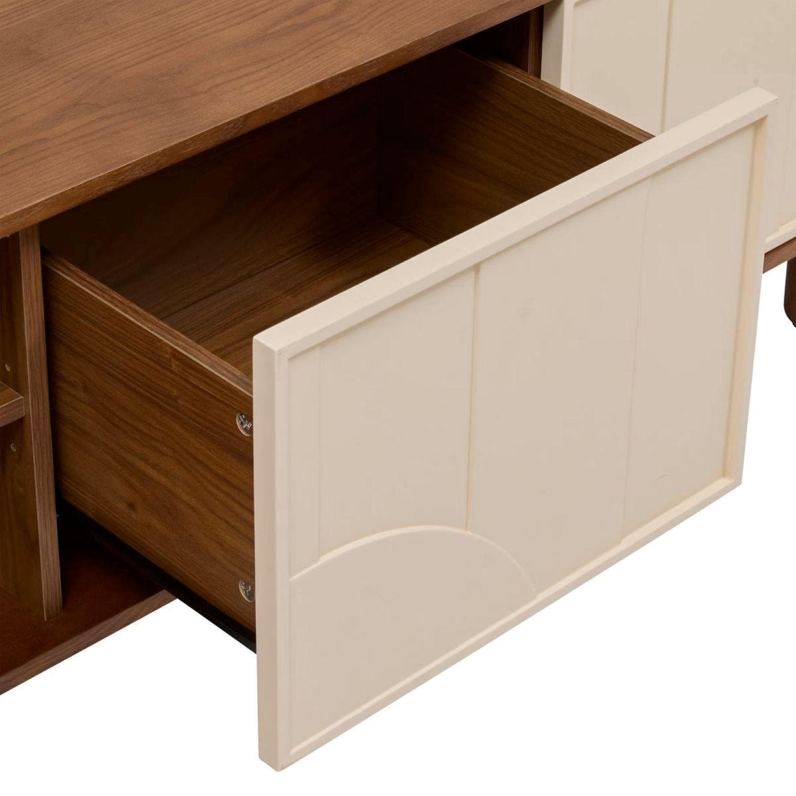Mobile porta tv 140x51h cm impiallacciato effetto noce con 2 ante 1 cassetto beige e decorazione in rilievo - Hollie