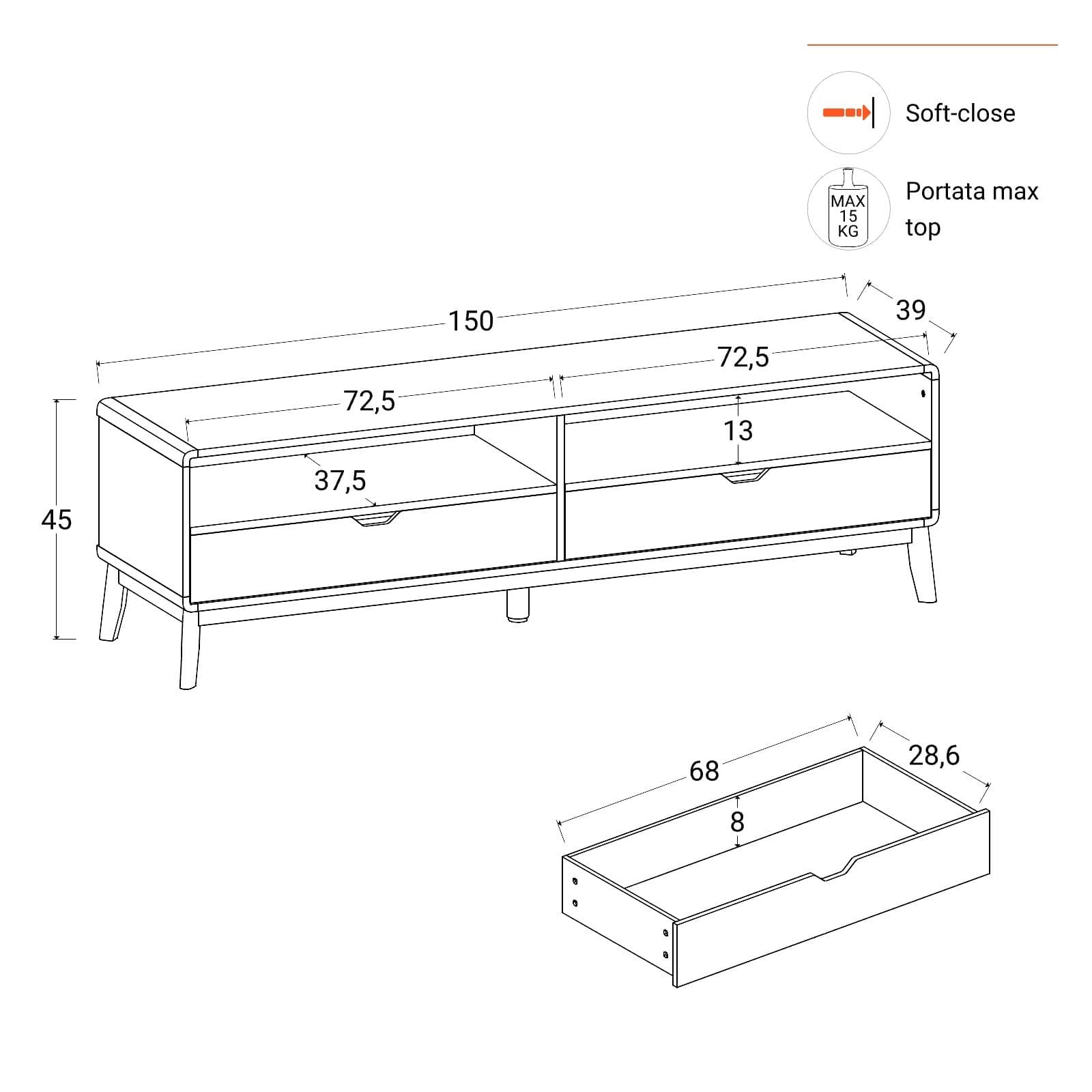 Mobile porta tv 150x45h cm in legno rovere kover con 2 vani a giorno e 2 cassetti - Ember