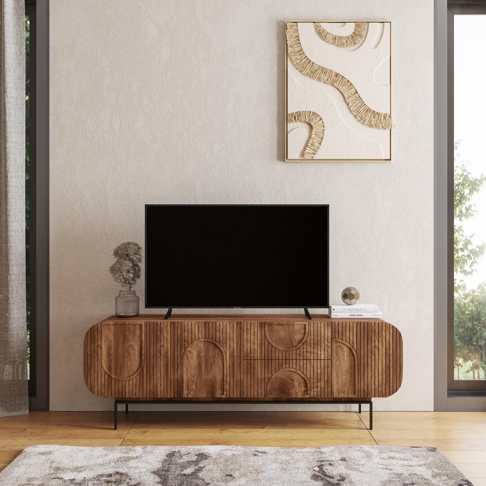Mobile porta tv 160x55h cm in legno di mango cannettato miele con 3 ante e 2 cassetti - Mahika Round
