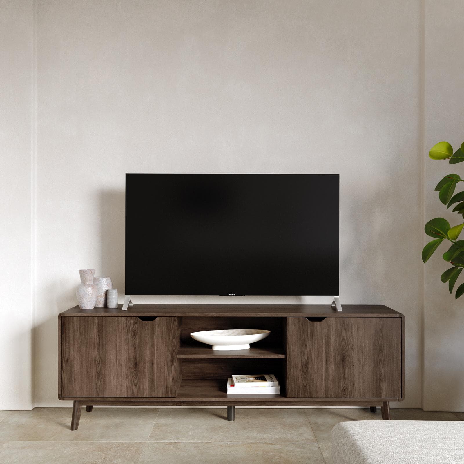 Mobile porta tv 160x55h cm in legno rovere kover con 2 vani a giorno e 2 ante - Ember