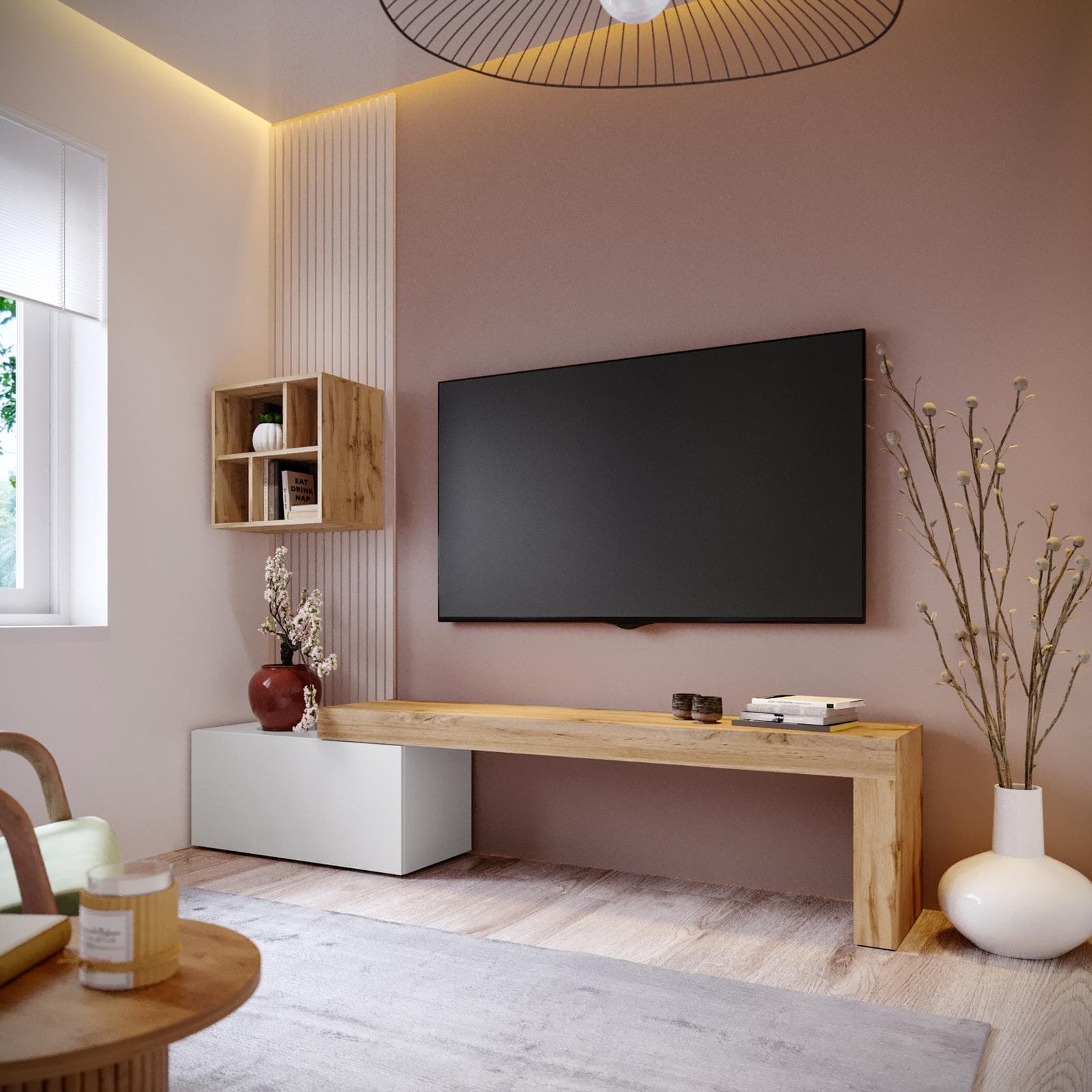 Mobile porta tv 180-260x40h cm rovere wotan e bianco lucido con 1 anta - Kayros