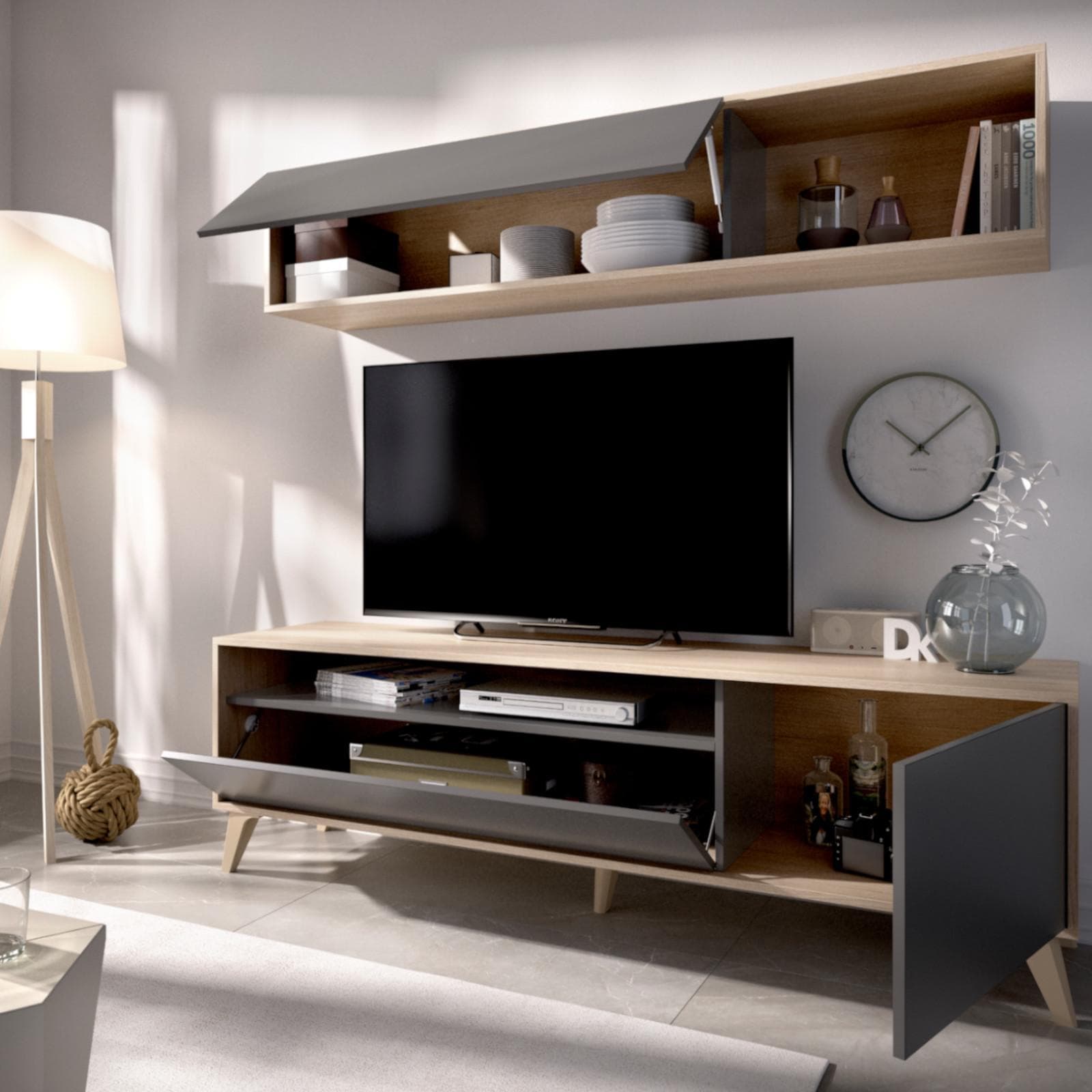 Mobile porta tv 180 cm con pensile in legno naturale e grafite - Eike