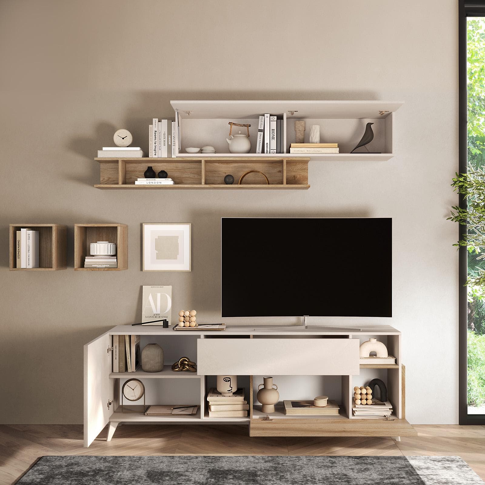 Mobile porta tv 181x67h cm cashmere con 1 anta a ribalta cadiz e vani a giorno - Kled
