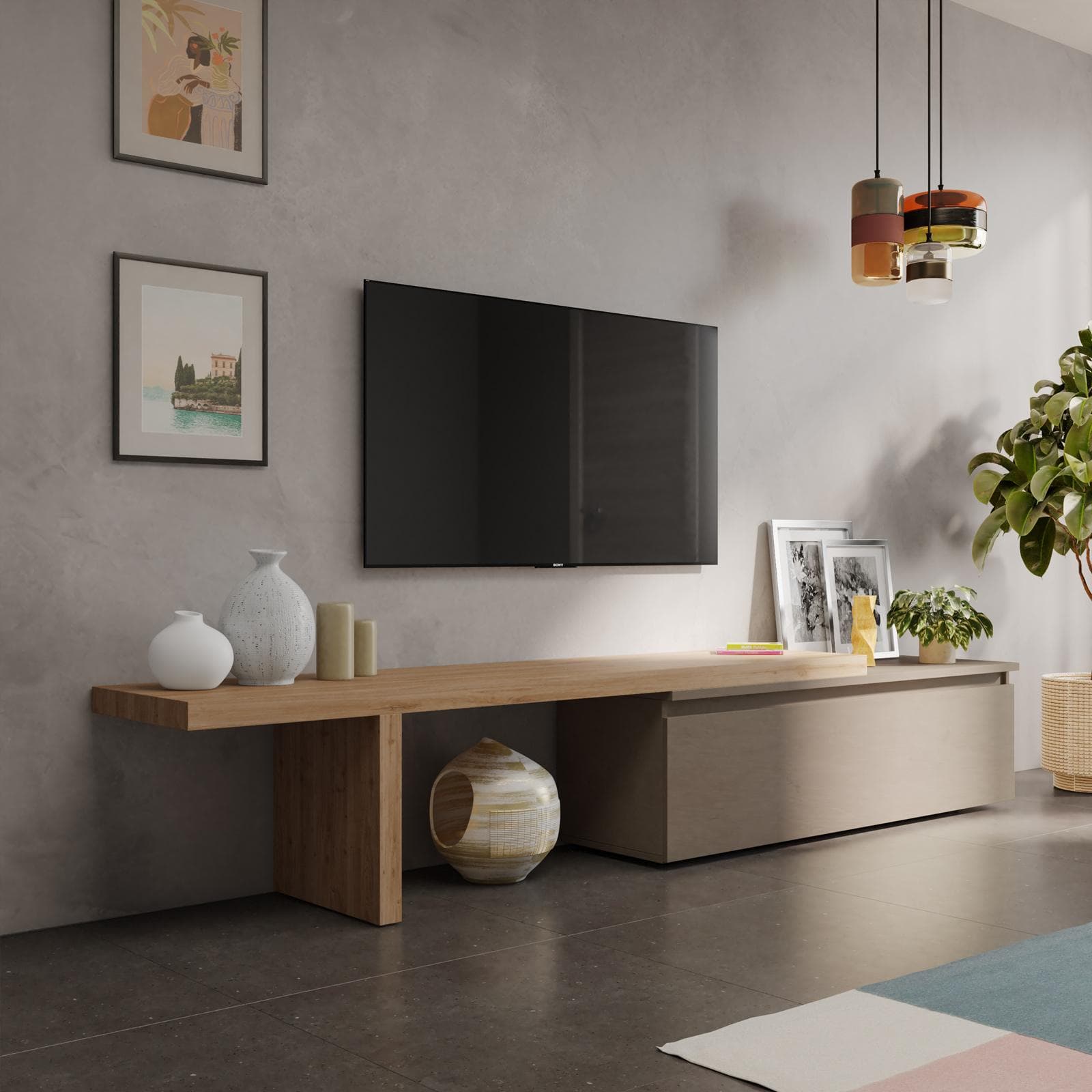 Mobile porta tv 184-270x44h cm cadiz con cassettone argilla - Clary